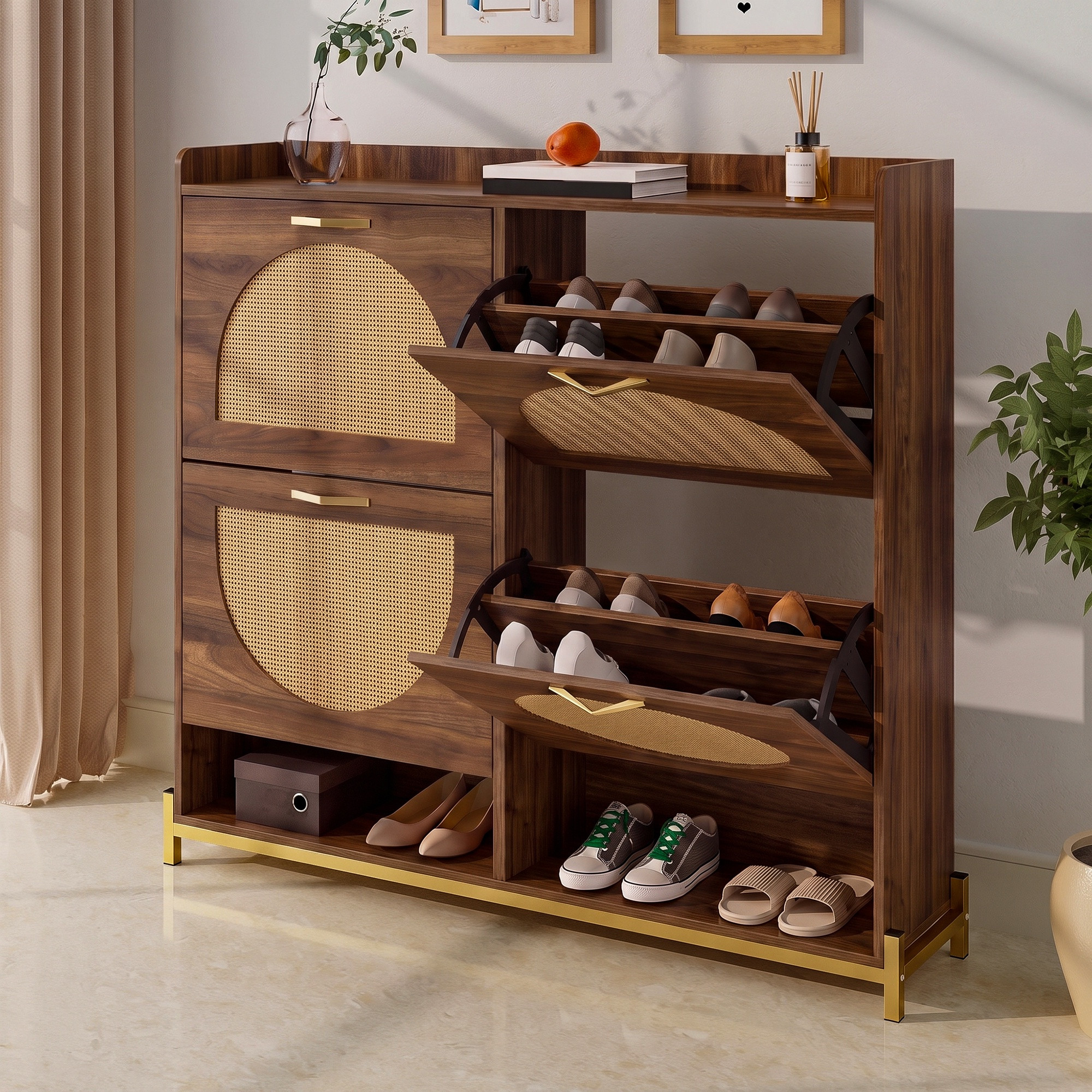 Schuhschrank - 108.5 X 24 X 100 Cm - Schuhkipper Mit 4 Klappen In Rattan-optik, Offenen Fächern - Moderner Stil - Mdf - Nussbaum