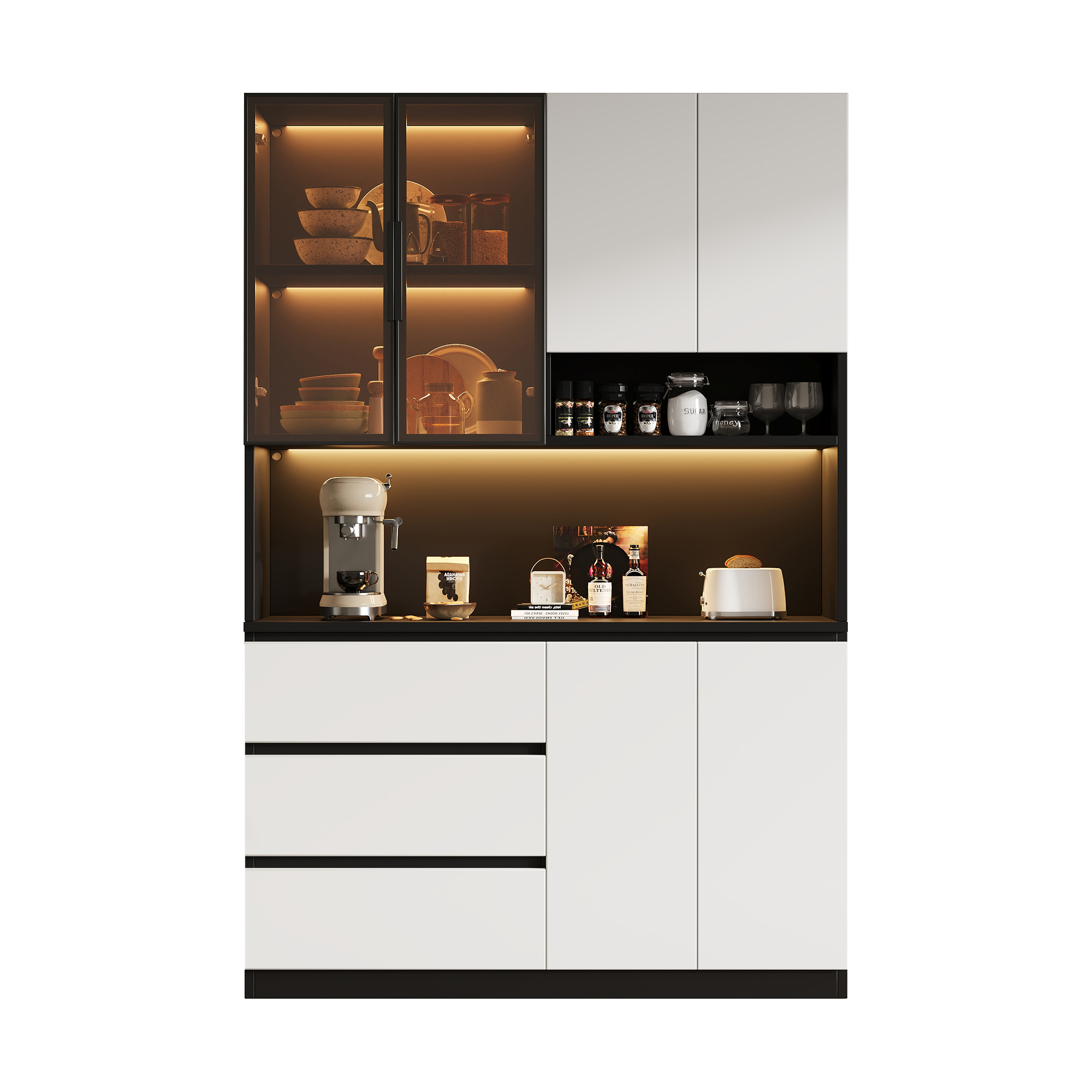 Küchenhochschrank Mit 6 Türen, 3 Schubladen, Offenen Regalen Und Verstellbarer Led-beleuchtung, 120.5 X 40 X 180 Cm