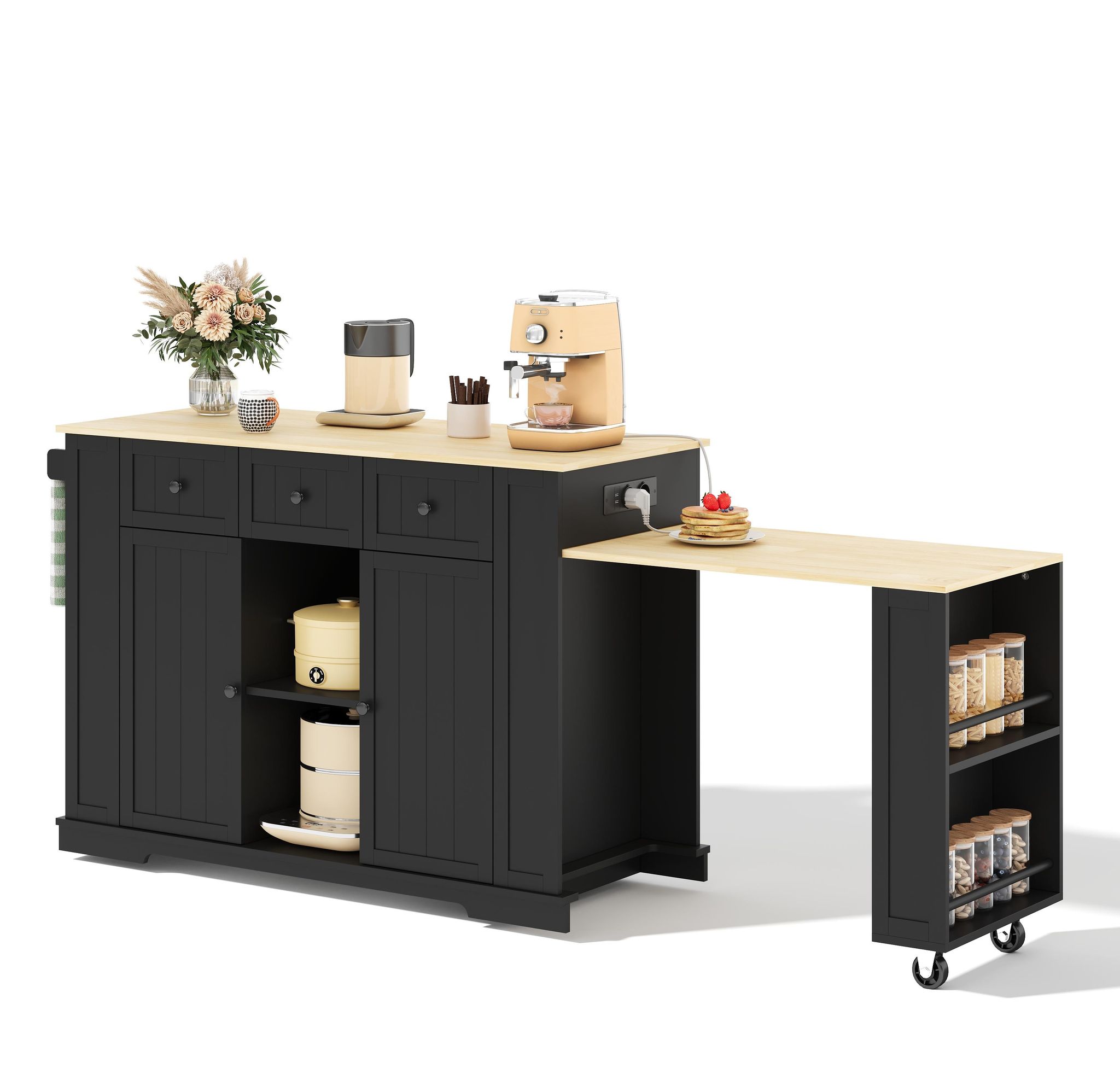 Küchenwagen Mit 2 Türen, 2 Schubladen, Ausziehbarem Tisch Und Steckdosen Für Küche, Aus Mdf Schwarz Und Natur