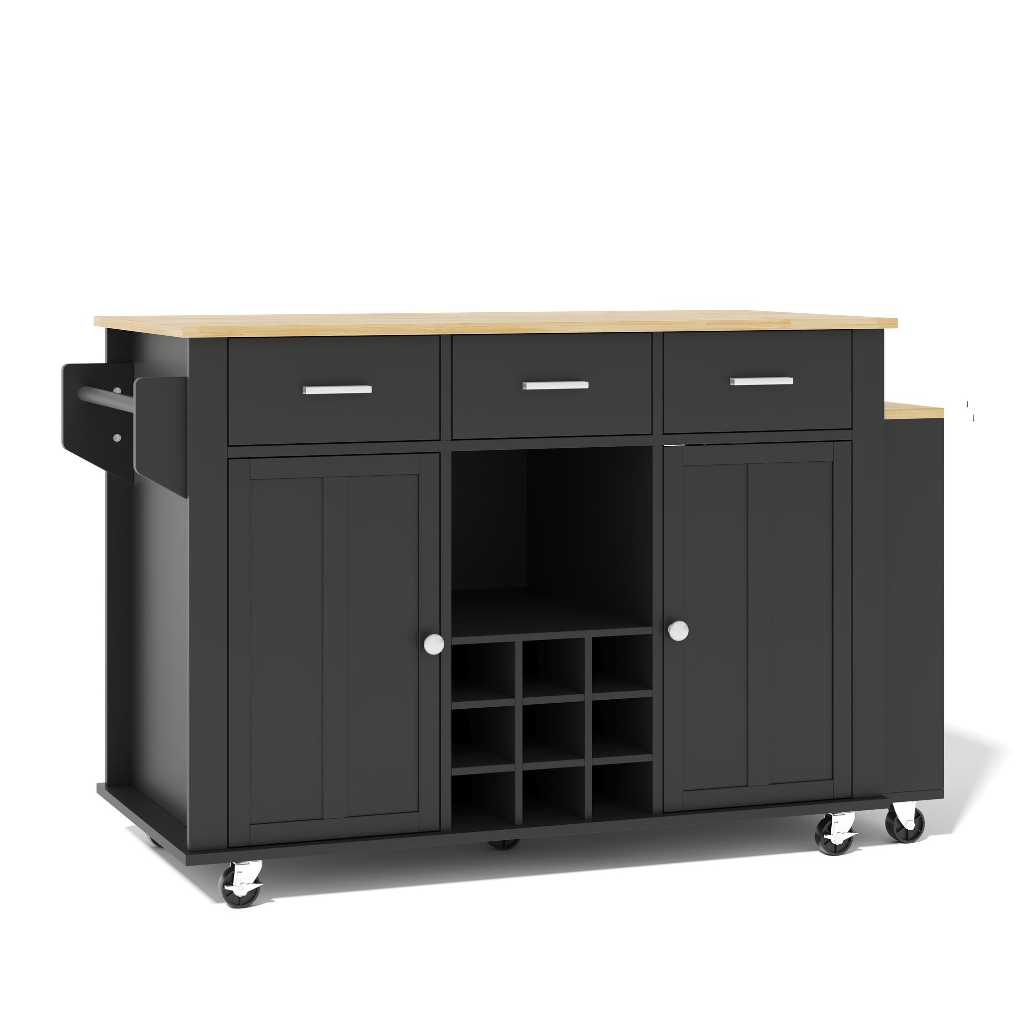 Mobile Kücheninsel Mit 3 Schubladen, 2 Schränken, Weinregal, Steckdosen Und Usb, Aus Mdf, Schwarz Natur, 136x50x93 Cm