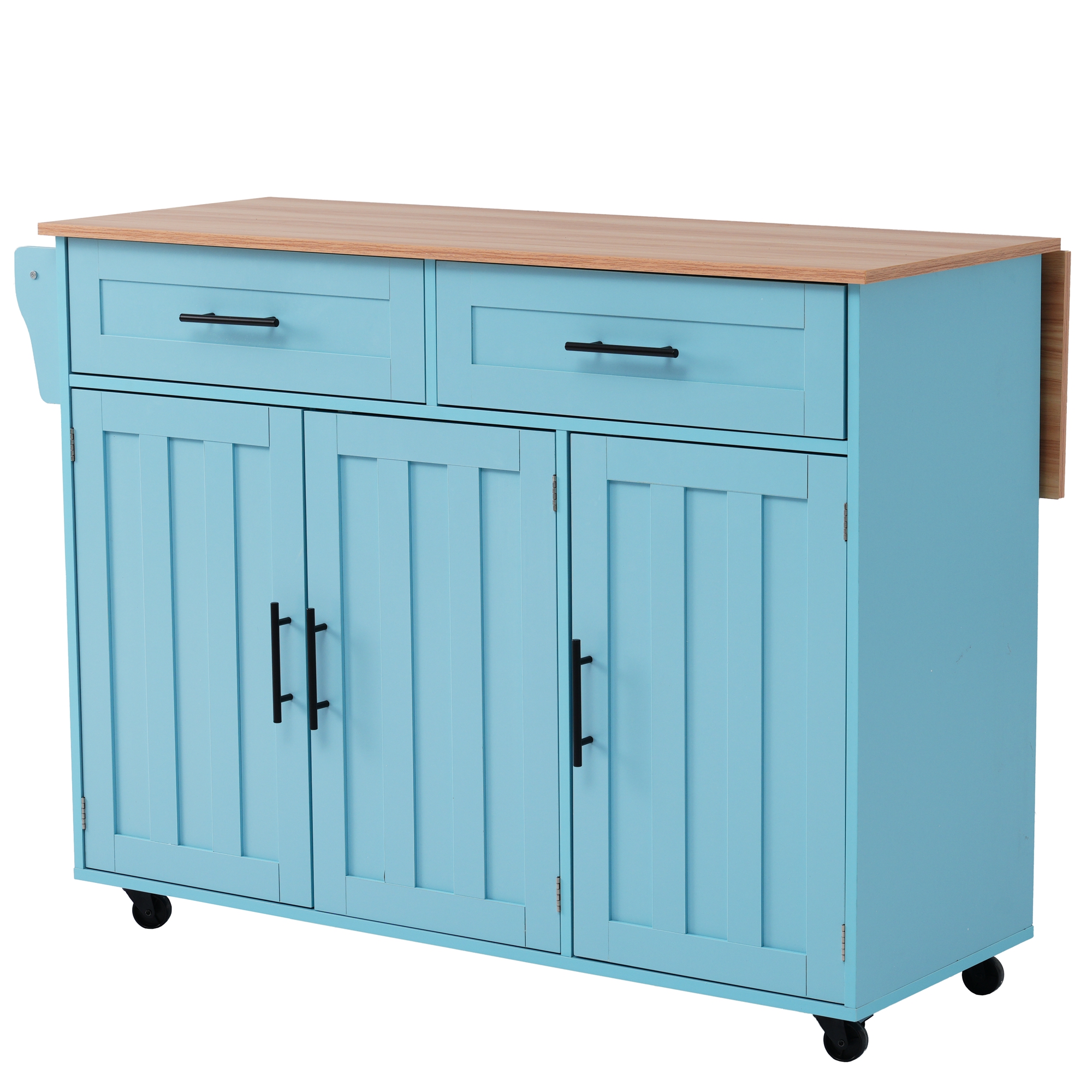 Küchenwagen Mit 2 Schubladen, 3 Fächern, Klappbarer Arbeitsplatte Und Rollen, Aus Mdf, 129 X 71 X 91.5 Cm, Blau
