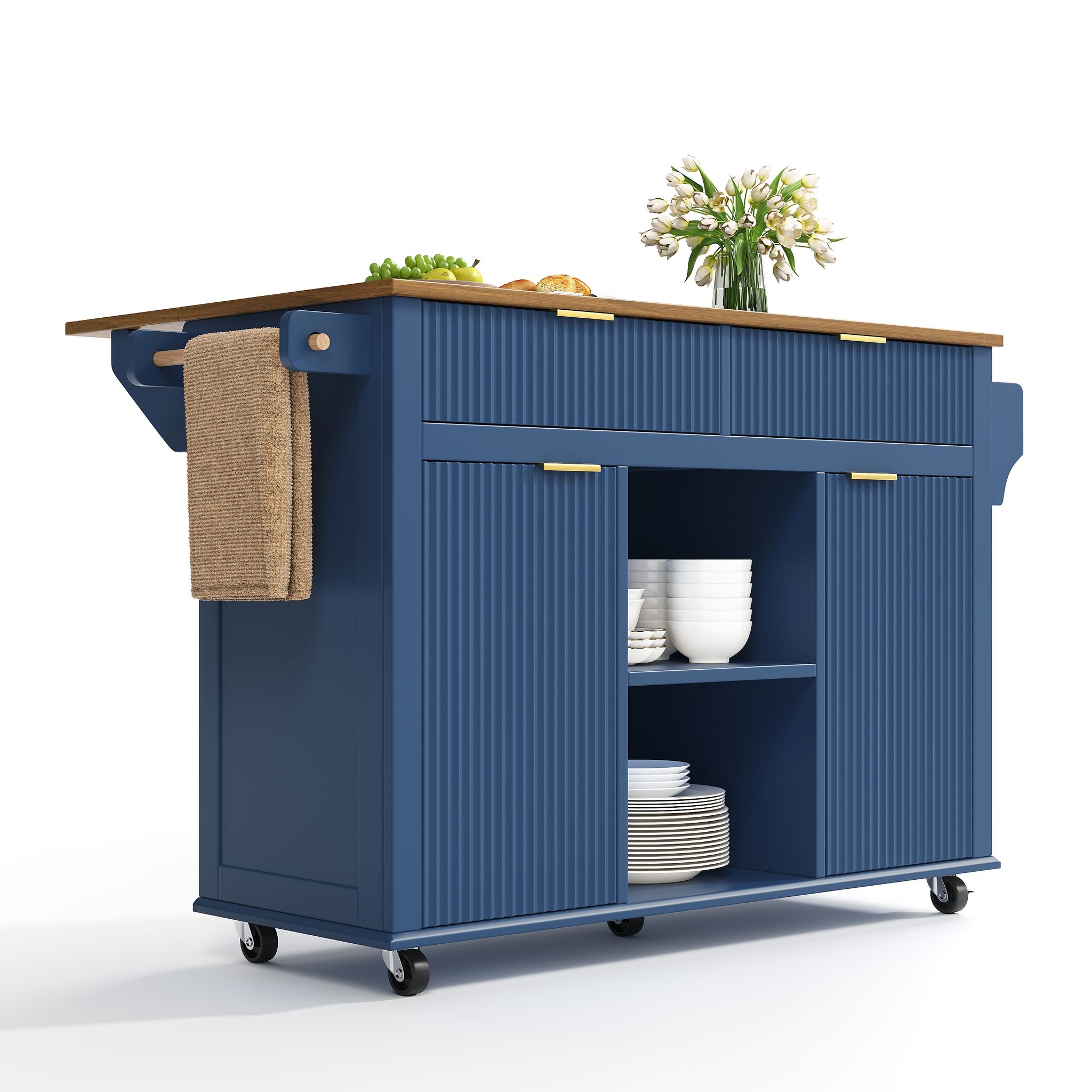 Küchenwagen Mit Rollen, 2 Türen, 2 Schubladen Und Klappbarer Arbeitsplatte, Mdf, 143 X 45 X 89.5 Cm, Blau Braun