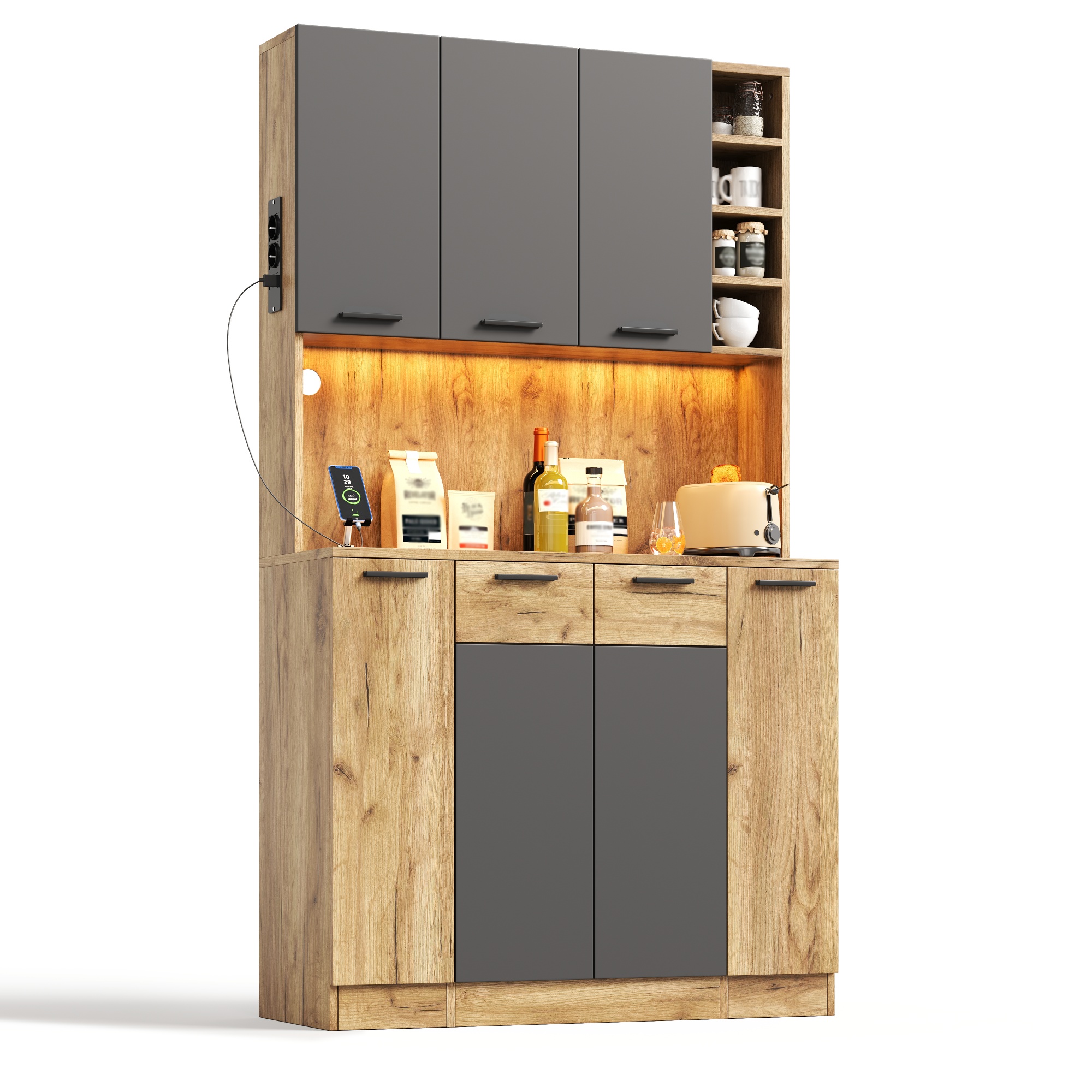Küchenhochschrank Mit 4 Schubladen, Verstellbaren Böden, Led Und Steckdosen, Aus Mdf Schwarz Natur, 100 X 40 X 180 Cm