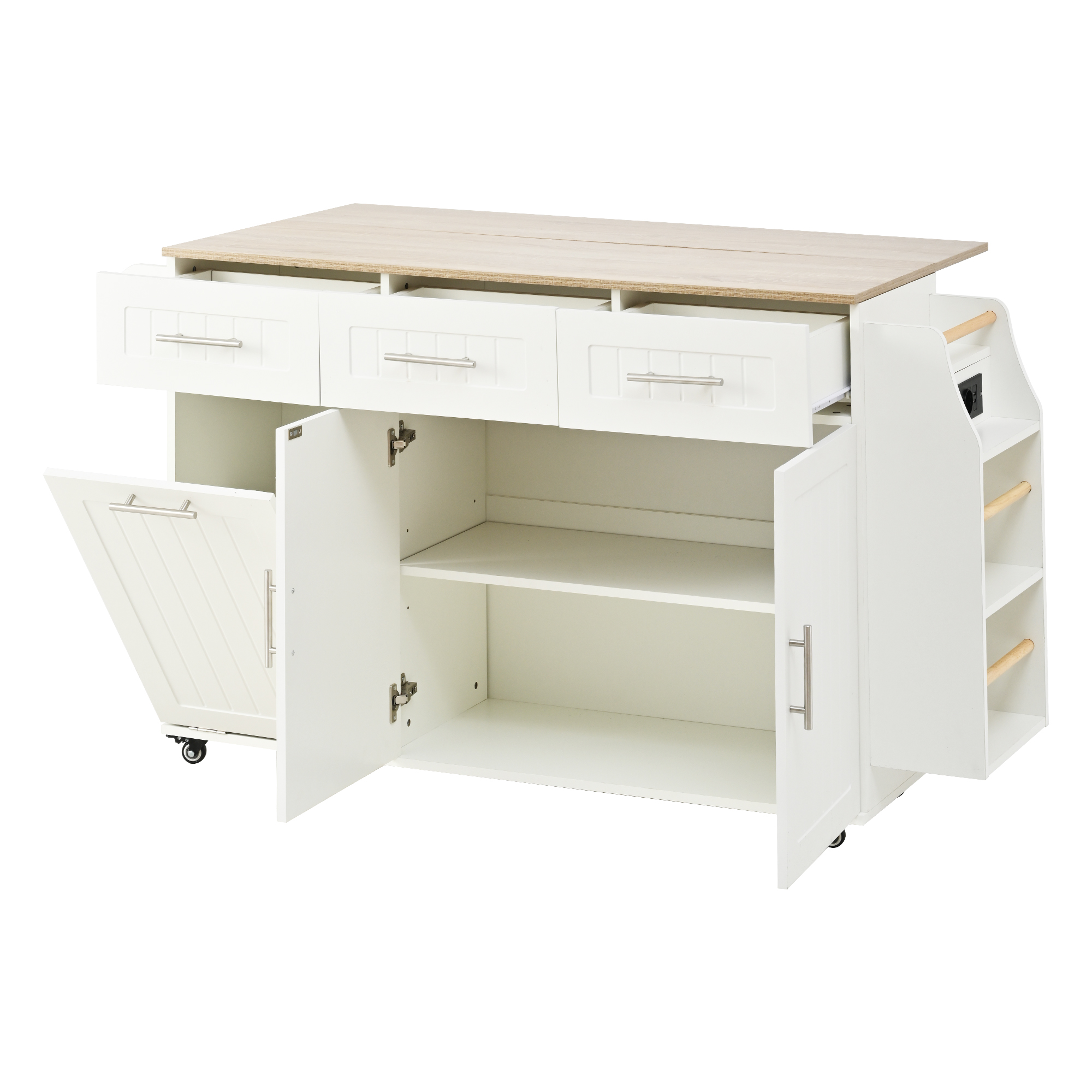 Kücheninsel Mit Ausziehbarer Arbeitsplatte, Abfallfach, 4 Rollen, Steckdosen Und Usb, Mdf, 120 X 40 X 90 Cm, Weiß