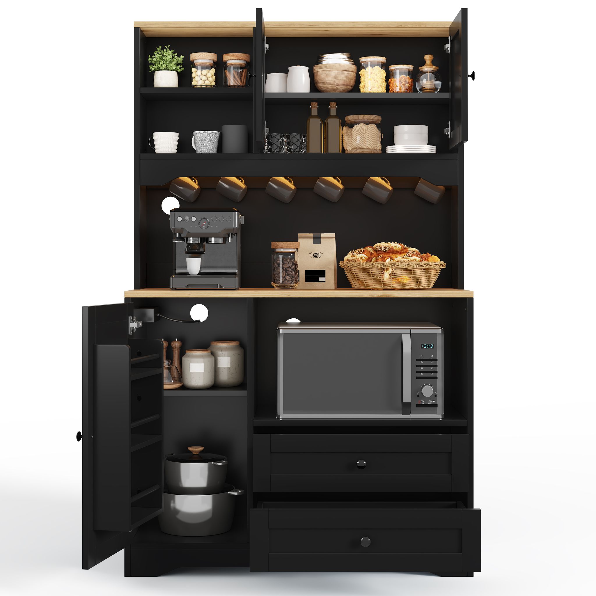 Hoher Küchenschrank Mit 2 Schubladen, Verstellbaren Böden, Led Und Steckdosen, Mdf, Schwarz, 100 X 40 X 163 Cm