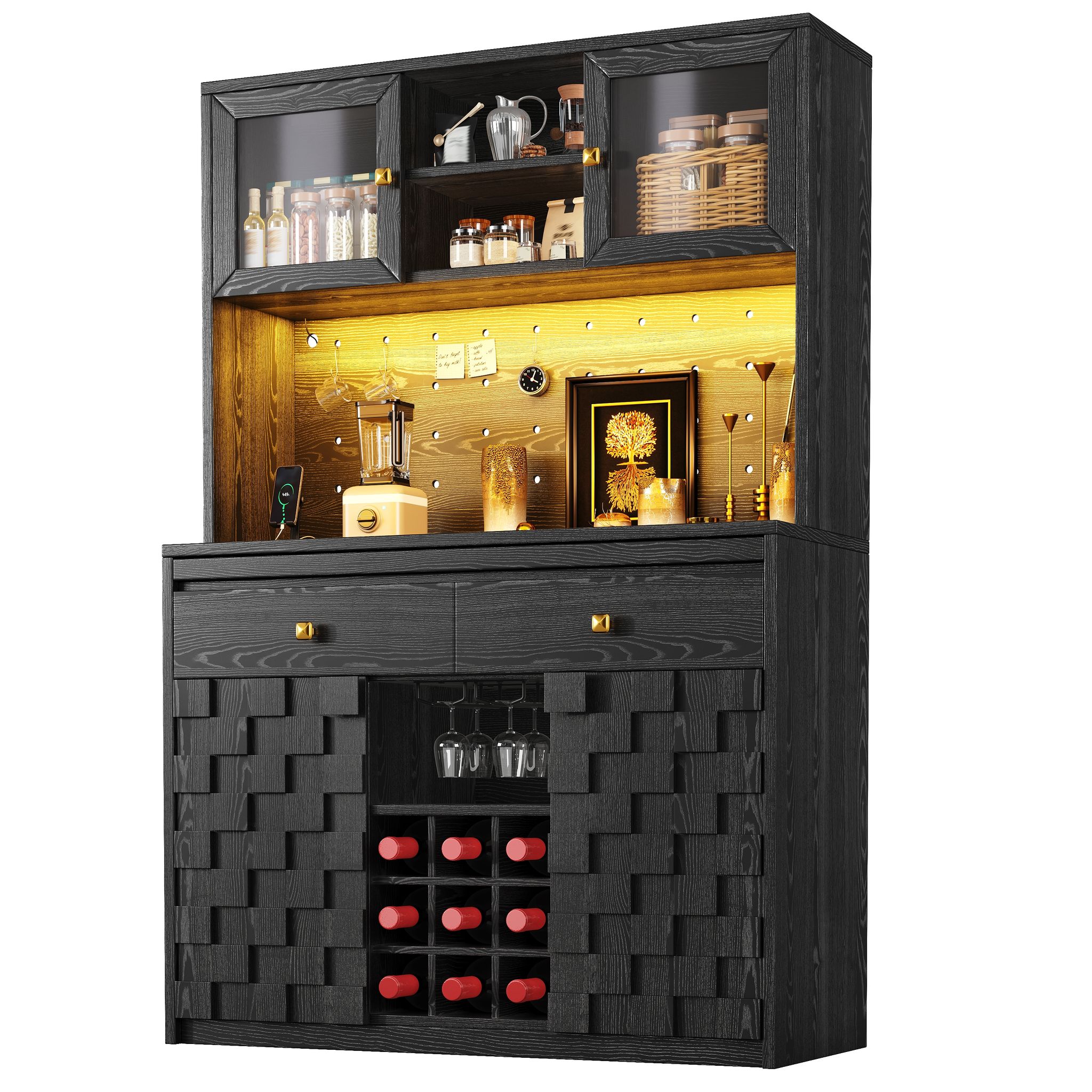 Küchenhochschrank Mit Verstellbaren Böden, Rgb-led Und Usb-anschlüssen, Aus Mdf Und Acryl, 120 X 40 X 178 Cm, Schwarz