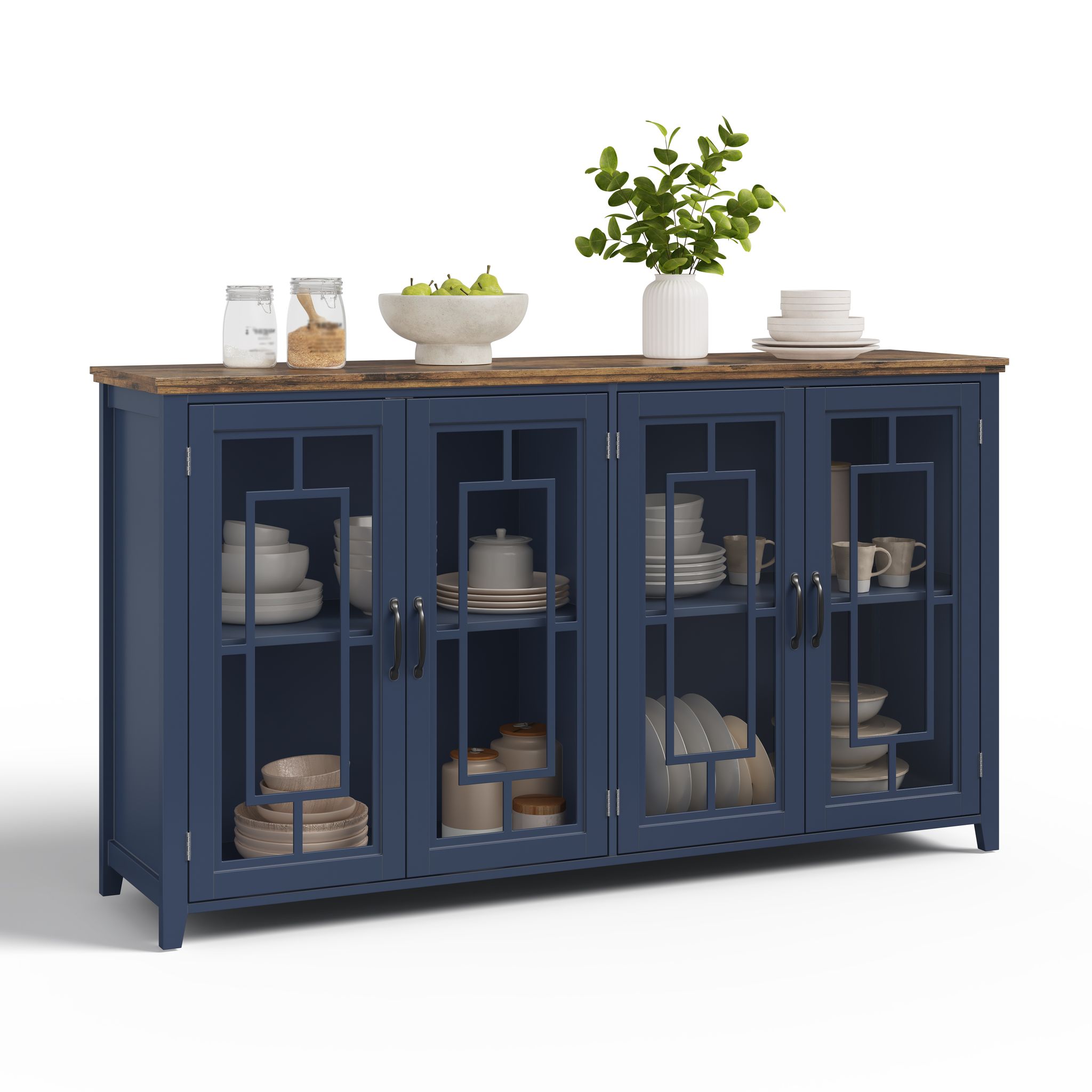 Küchenbuffet Mit 2 Großen Staubereichen Und Glastüren, Arbeitsplatte In Holzoptik, Mdf, 160 X 40 X 86 Cm, Blau
