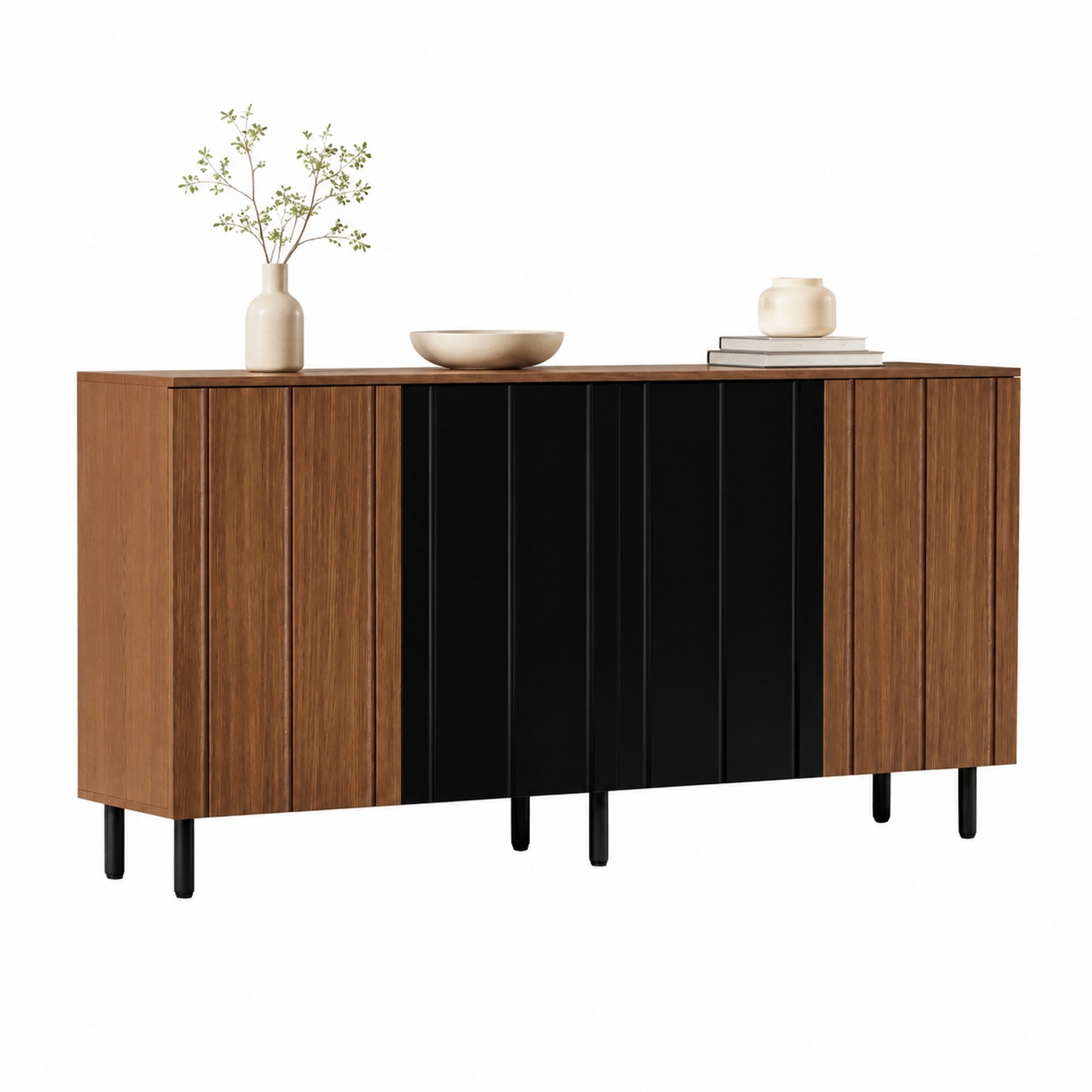 Küchenbuffet Mit 4 Türen Und Verstellbaren Einlegeböden Aus Spanplatte, 160 X 35 X 80 Cm, Nussbaum Und Schwarz