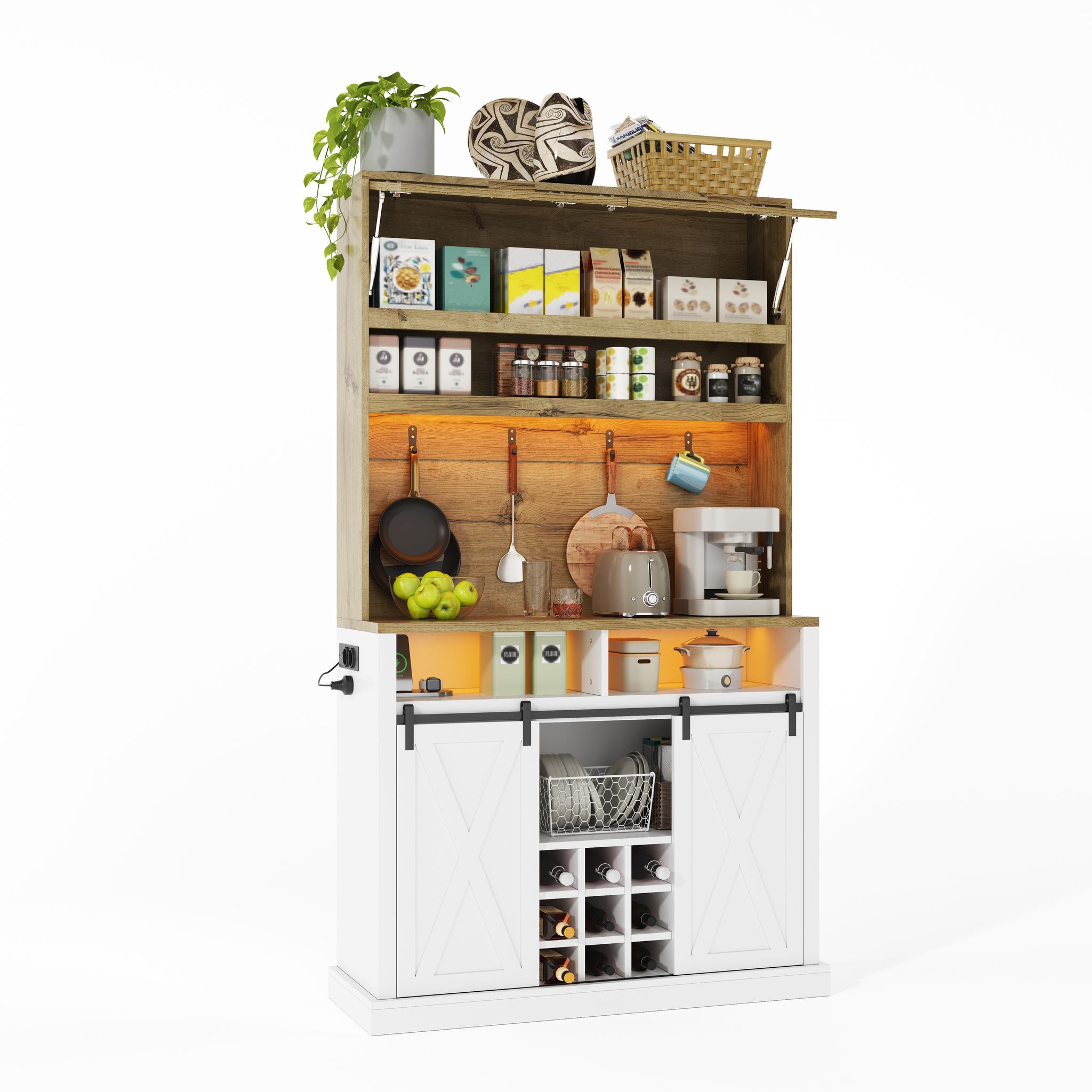 Küchenhochschrank Mit Vitrine, Schiebetüren, Offenen Regalen Und Rgb-led, Aus Mdf, Naturweiß, 110 X 40 X 191 Cm