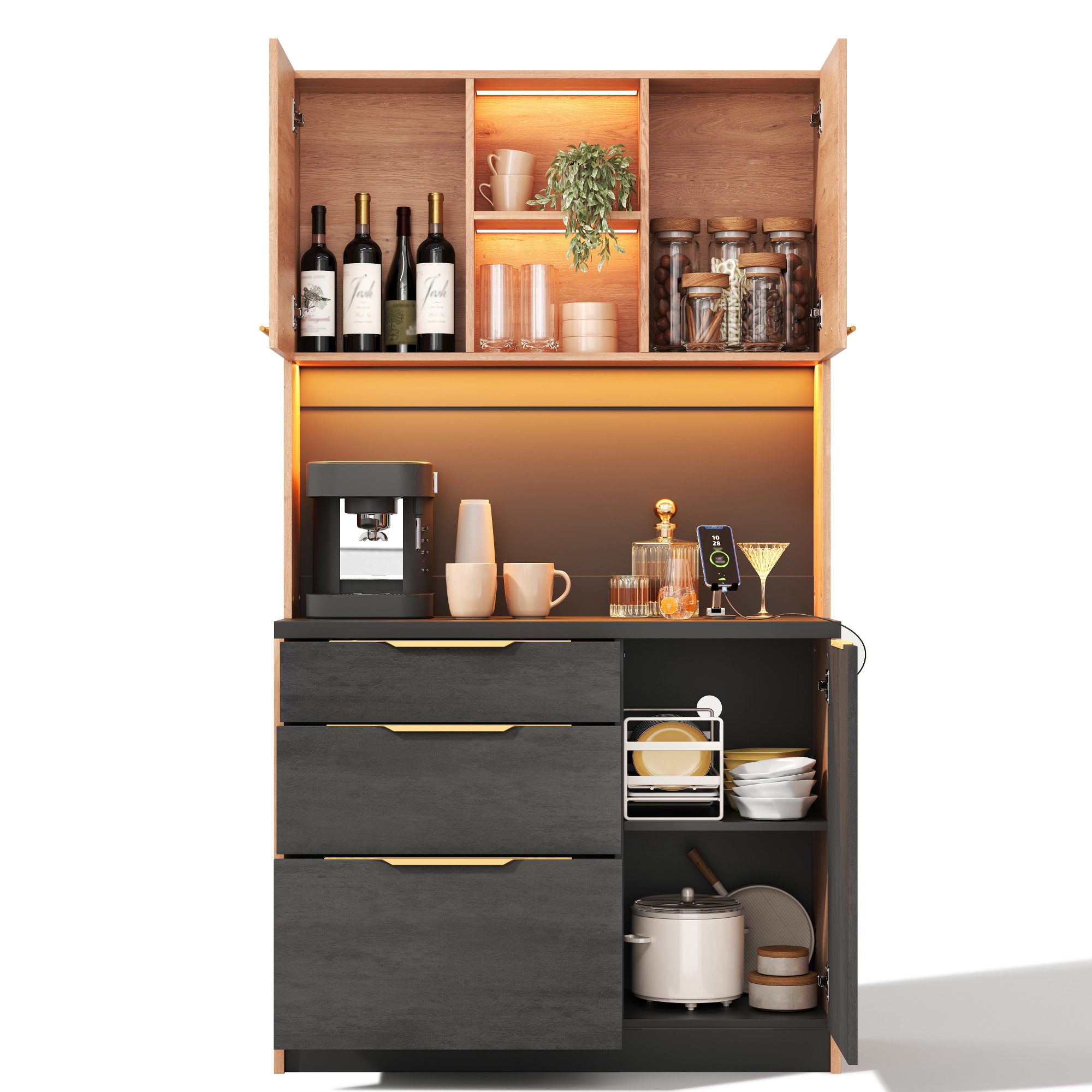 Küchenhochschrank Mit 3 Schubladen, Fach, Verstellbaren Leds Und Steckdose, Mdf, 100 X 40 X 180 Cm, Neutral