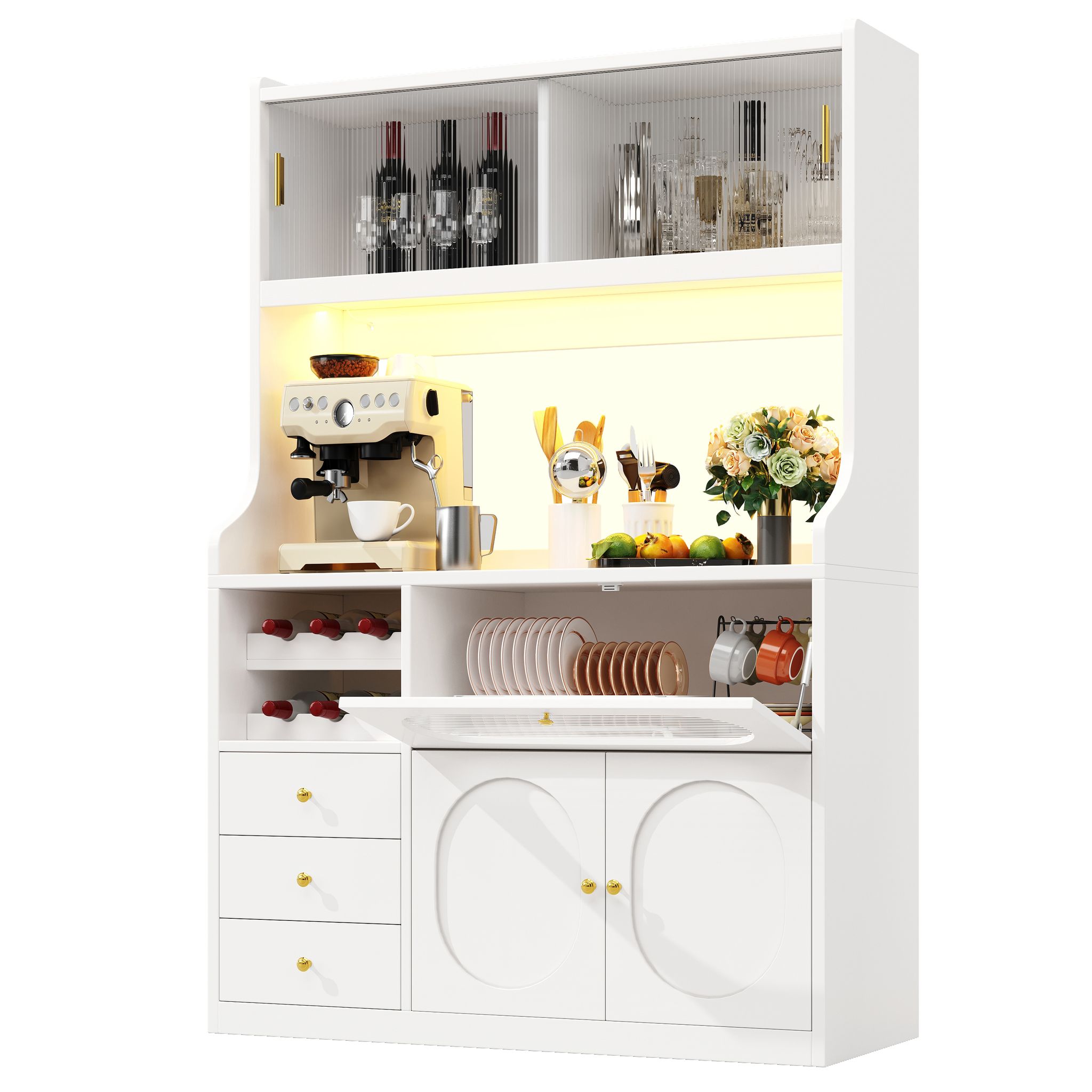 Hochschrank Mit 3 Schubladen, Glasschiebetüren Und Rgb-beleuchtung Für Küche, Mdf, 120 X 40 X 180 Cm, Weiß