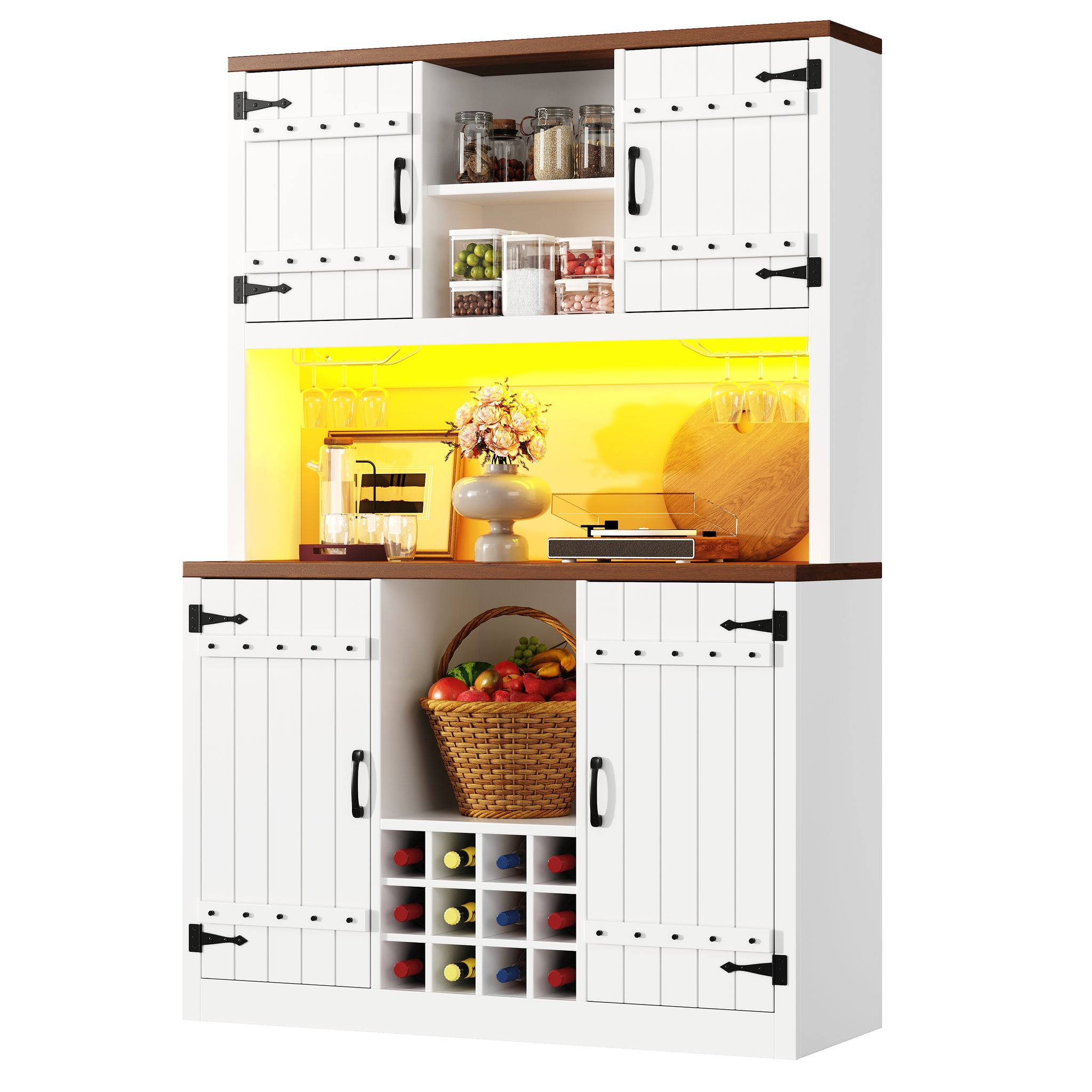 Küchenhochschrank Mit Doppeltüren, Verstellbaren Böden, Weinregal Und Rgb-led, Mdf Weiß, 120 X 40 X 180 Cm