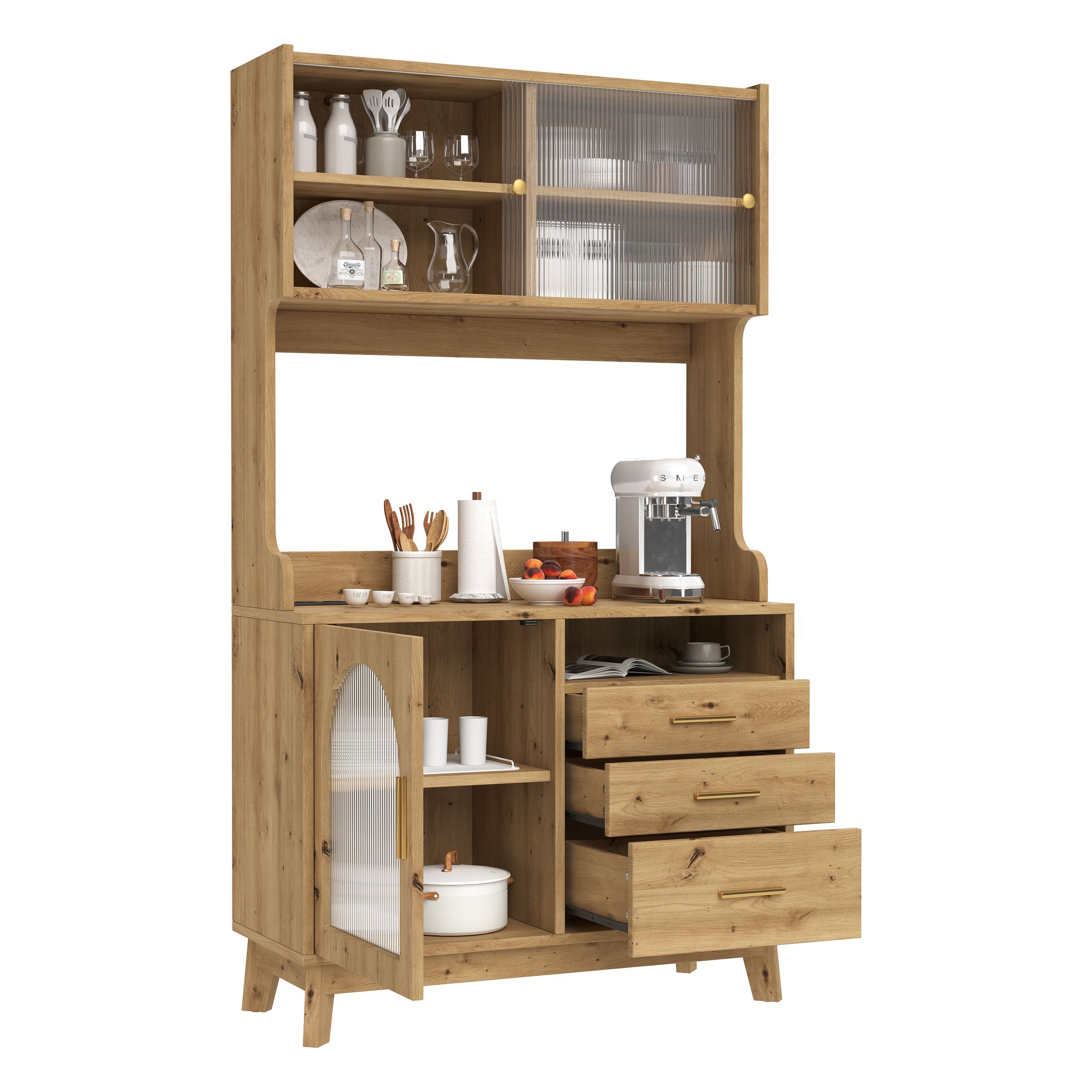 Küchenhochschrank Mit Stauraum, 2 Steckdosen, Usb-a- Und Usb-c-anschlüssen, Gewellter Acrylglasfront, Holzfarben