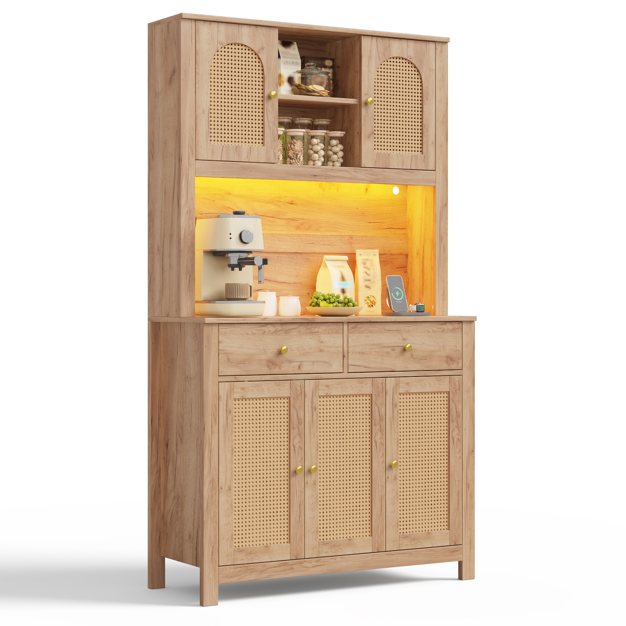 Hoher Küchenschrank Mit 5 Rattantüren, 2 Schubladen, Led Und Steckdosen, Aus Mdf Natur, 100 X 40 X 180 Cm