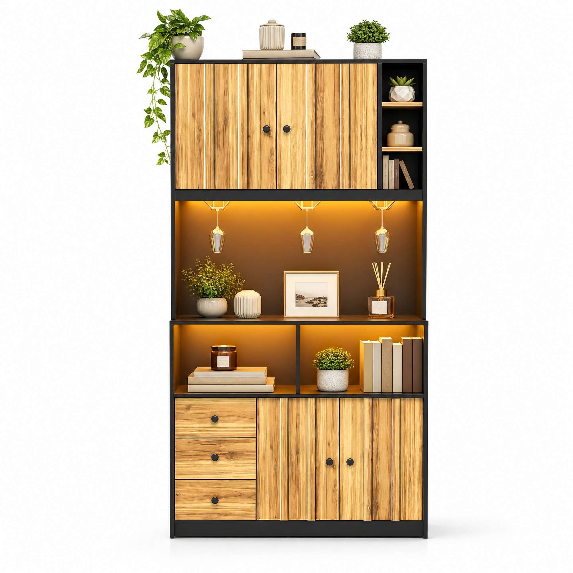 Küchenhochschrank Mit Vitrine, 3 Weinglashaltern, Led Und Steckdosen, Aus Mdf, Schwarz Natur, 100 X 40 X 180 Cm