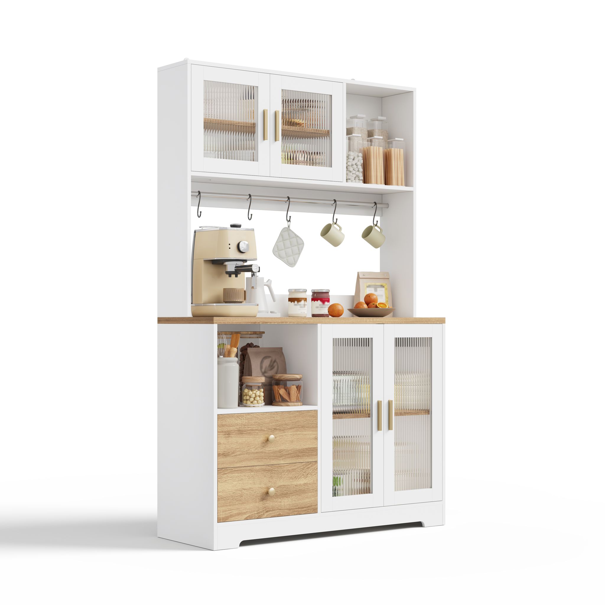 Küchenhochschrank Mit 4 Glastüren, Verstellbaren Einlegeböden, Rgb-led Und Steckdosen, 110 X 40 X 178 Cm Weiß Natur
