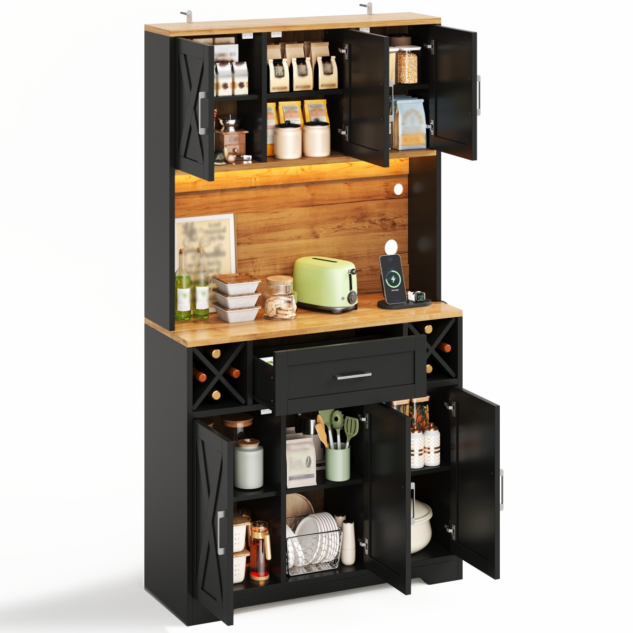 Küchenhochschrank Mit Türen, Schublade, Weinregalen, Rgb-led Und Steckdosen, Aus Mdf, Natur Und Schwarz