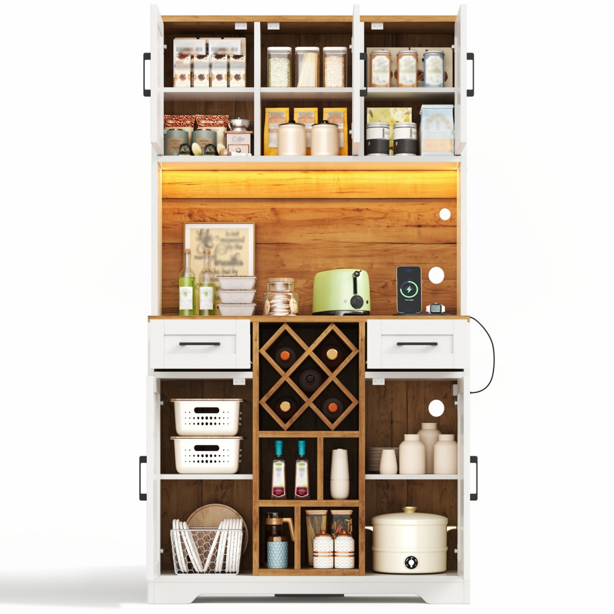 Hoher Küchenschrank Mit 2 Schubladen, Herausnehmbarem Weinregal, Rgb-led Und Steckdosen, Mdf Natur Weiß, 105 X 40 X 180 Cm