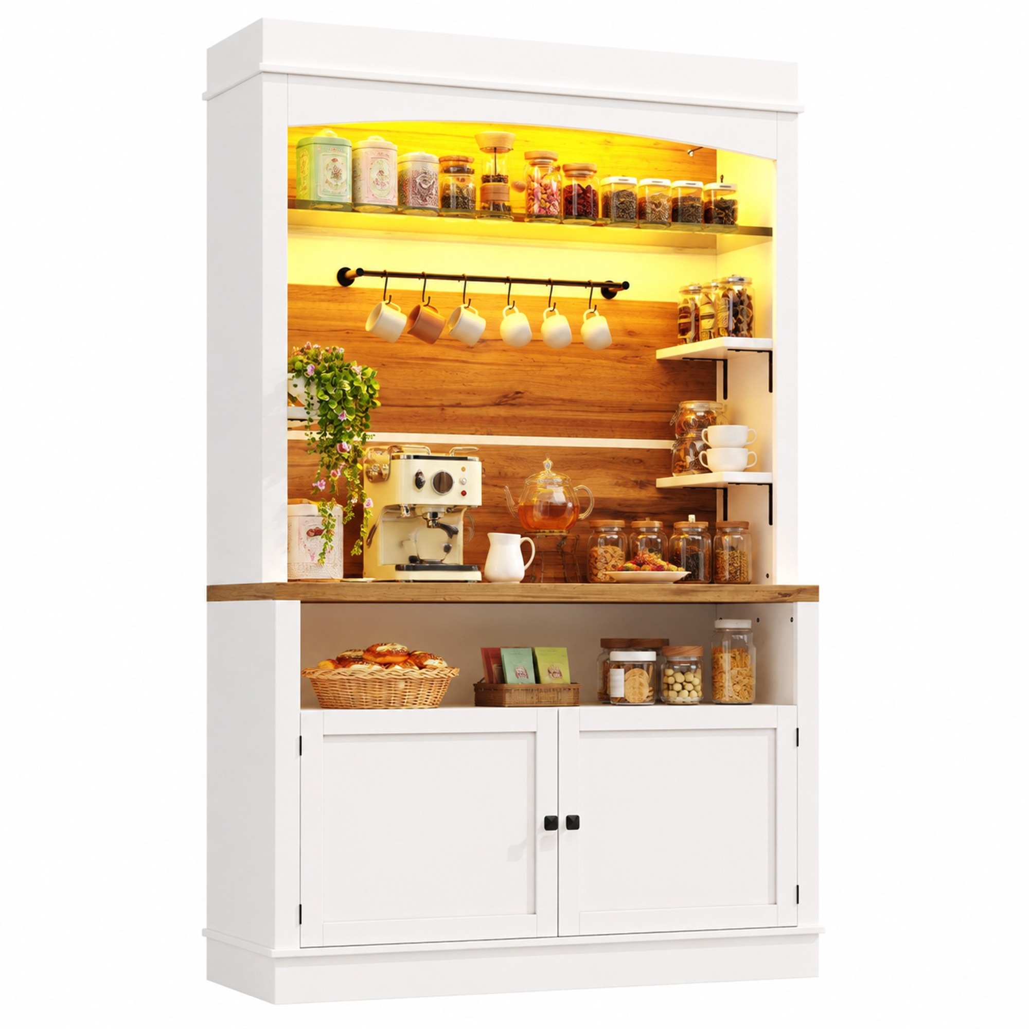 Küchen-hochschrank Mit 3 Seitenregalen, 6 Haken Und Rgb-led, Mdf Weiß, 107 X 34 X 184 Cm