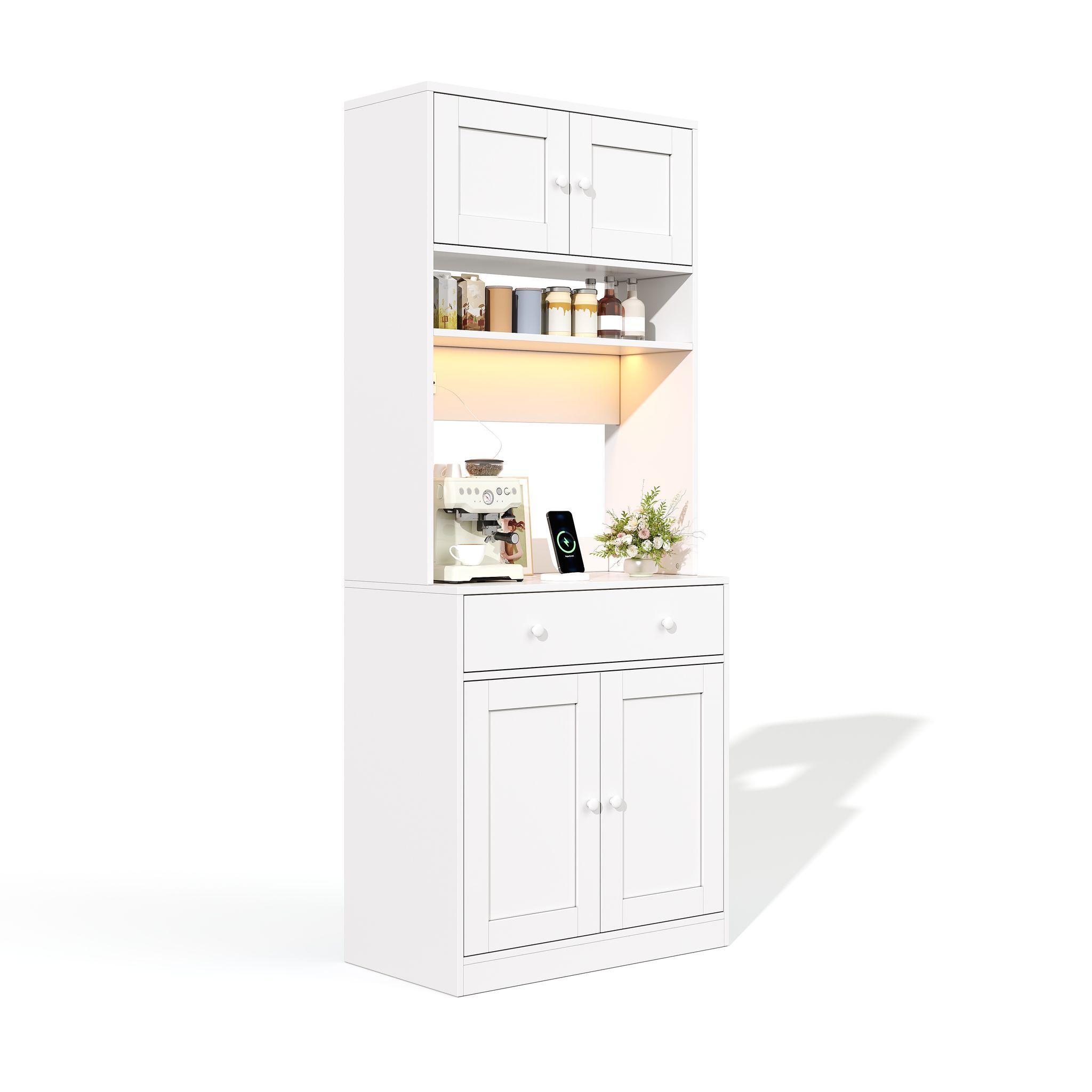 Küchenhochschrank Mit Schubfach, Offenen Regalen, Rgb-led Und Usb-anschlüssen Für Küche, Mdf Weiß, 72 X 40 X 180 Cm