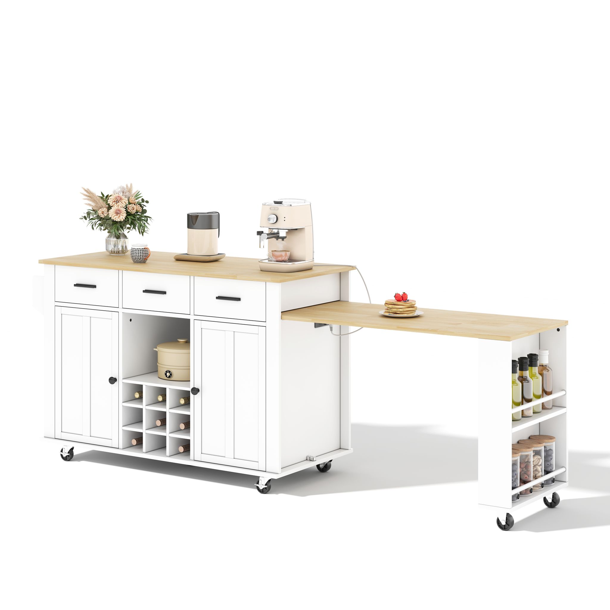 Kücheninsel Mit 3 Schubladen, 2 Schränken, Ausziehbarer Arbeitsplatte, Usb-anschlüssen, Mdf, 136(223) X 50 X 93 Cm