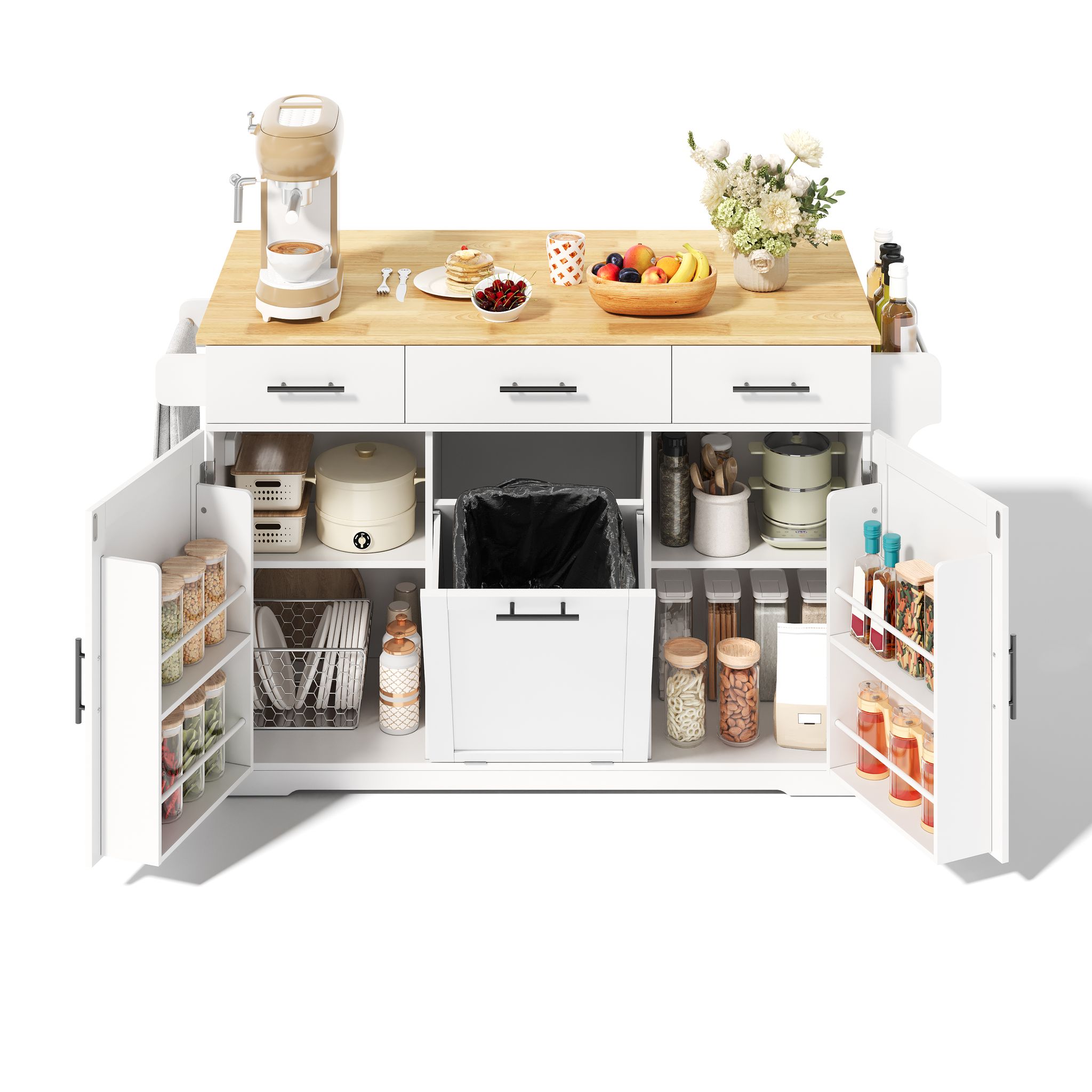 Küchenwagen Mit 3 Schubladen, Mülleimerschrank, Steckdosen Und Usb, Auf Rollen, Aus Mdf Weiß Natur, 136x75x92 Cm