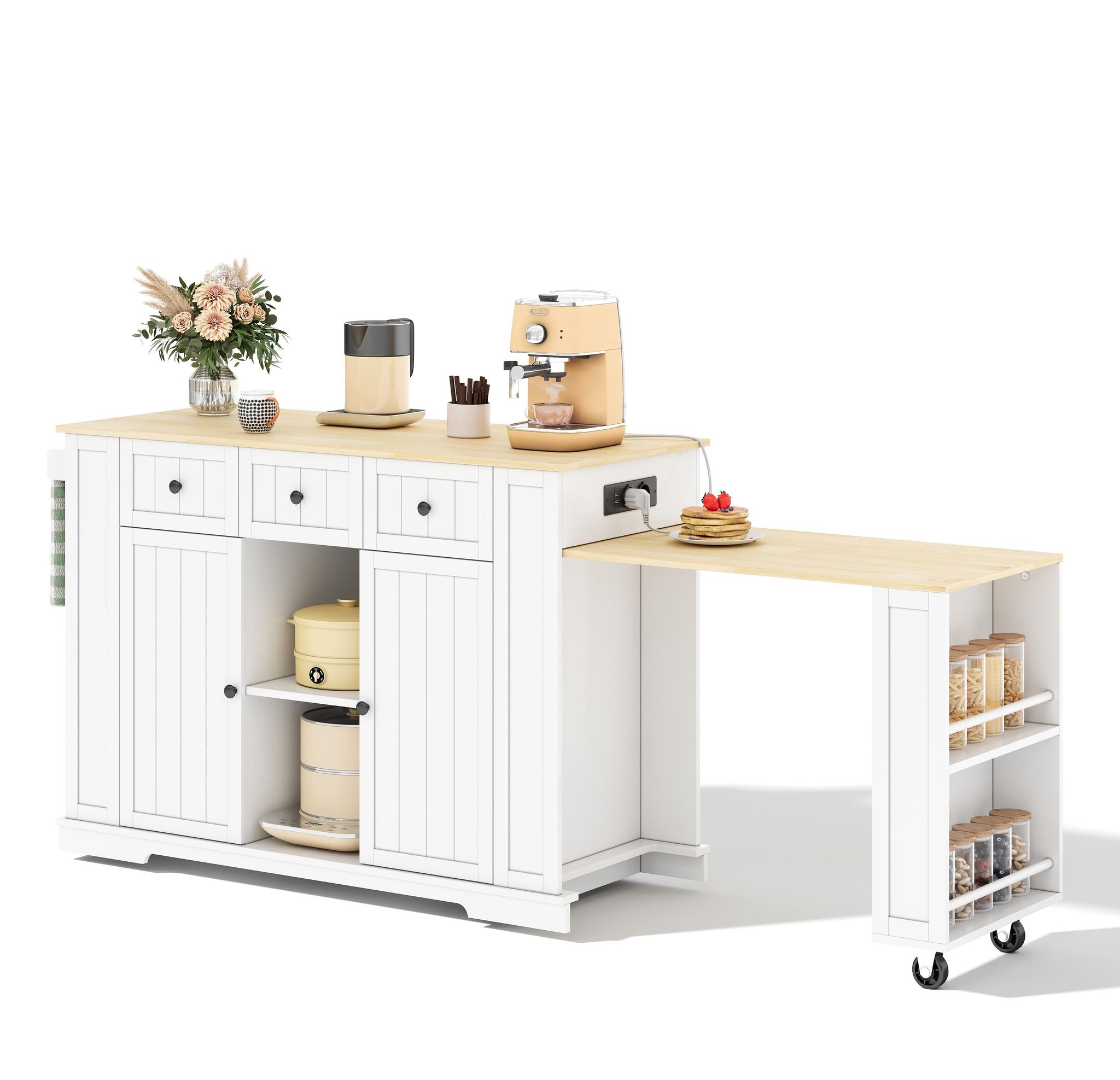 Küchenwagen Mit 2 Türen, 2 Schubladen, Ausziehbarem Tisch, Steckdosen Und Usb, Mdf Weiß Natur, 138 X 55 X 93 Cm