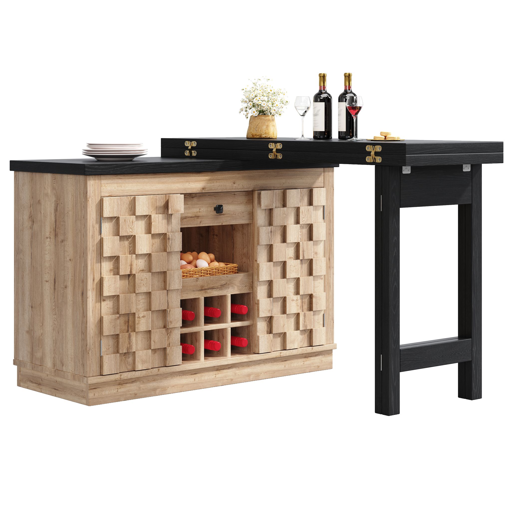 Drehbare Kücheninsel Mit 2 Türen, Schublade, Verstellbaren Einlegeböden Und Weinregal Aus Mdf, 120-197 X 40 X 74.2 Cm