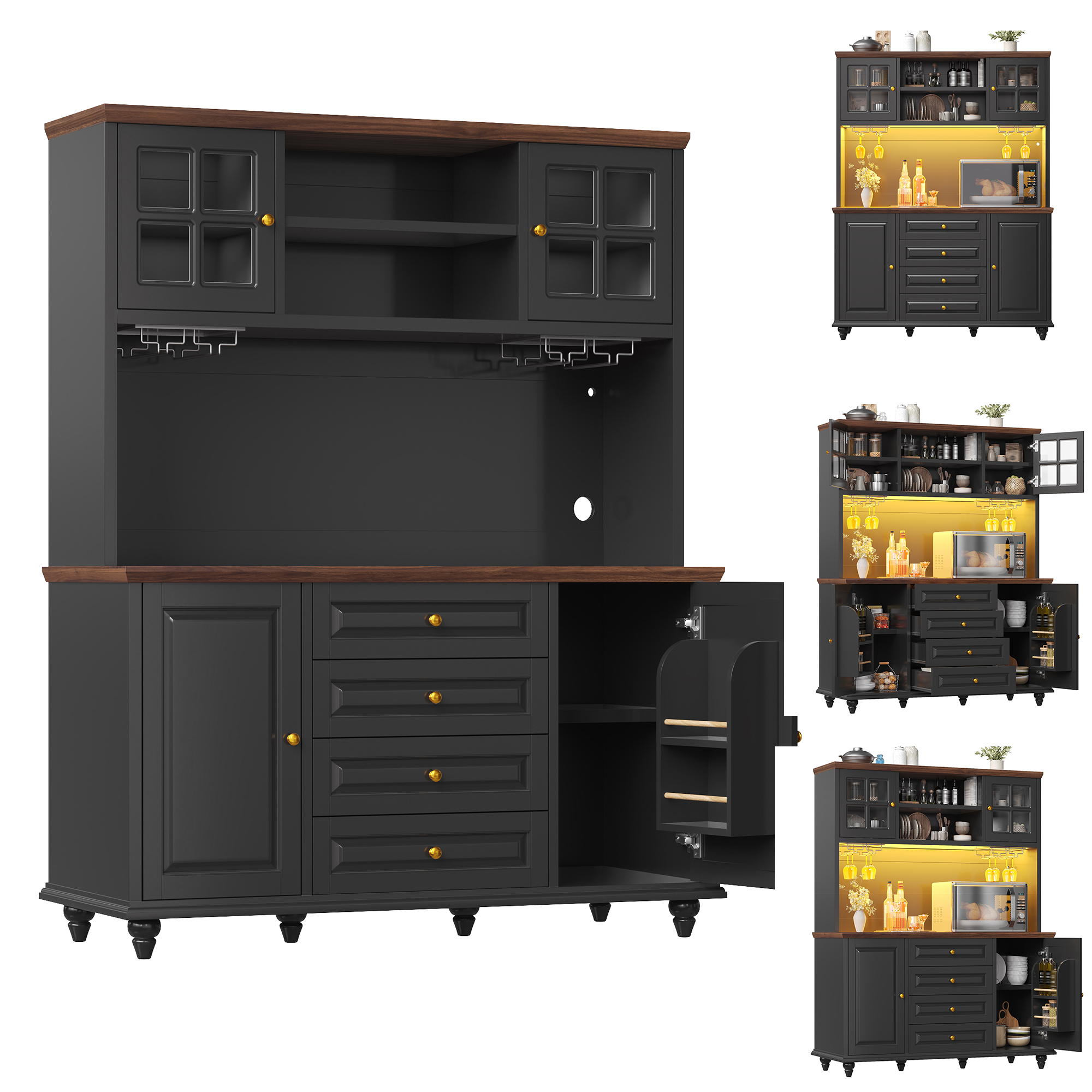 Küchen-highboard Mit 4 Schubladen, Verstellbaren Böden Und Rgb-led, Gläserhalter, Mdf Schwarz, 140x40x179.5 Cm