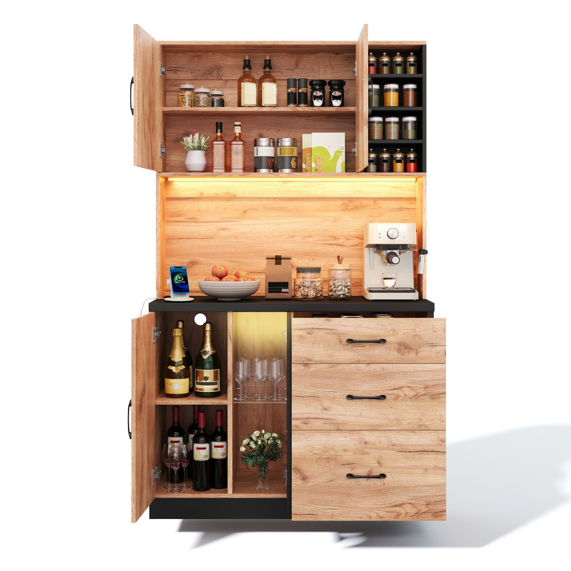 Küchenhochschrank Mit 3 Schubladen, Verstellbaren Böden, Led Und Steckdosen, Aus Mdf, Schwarz Und Holzoptik, 105 X 40 X 180 Cm