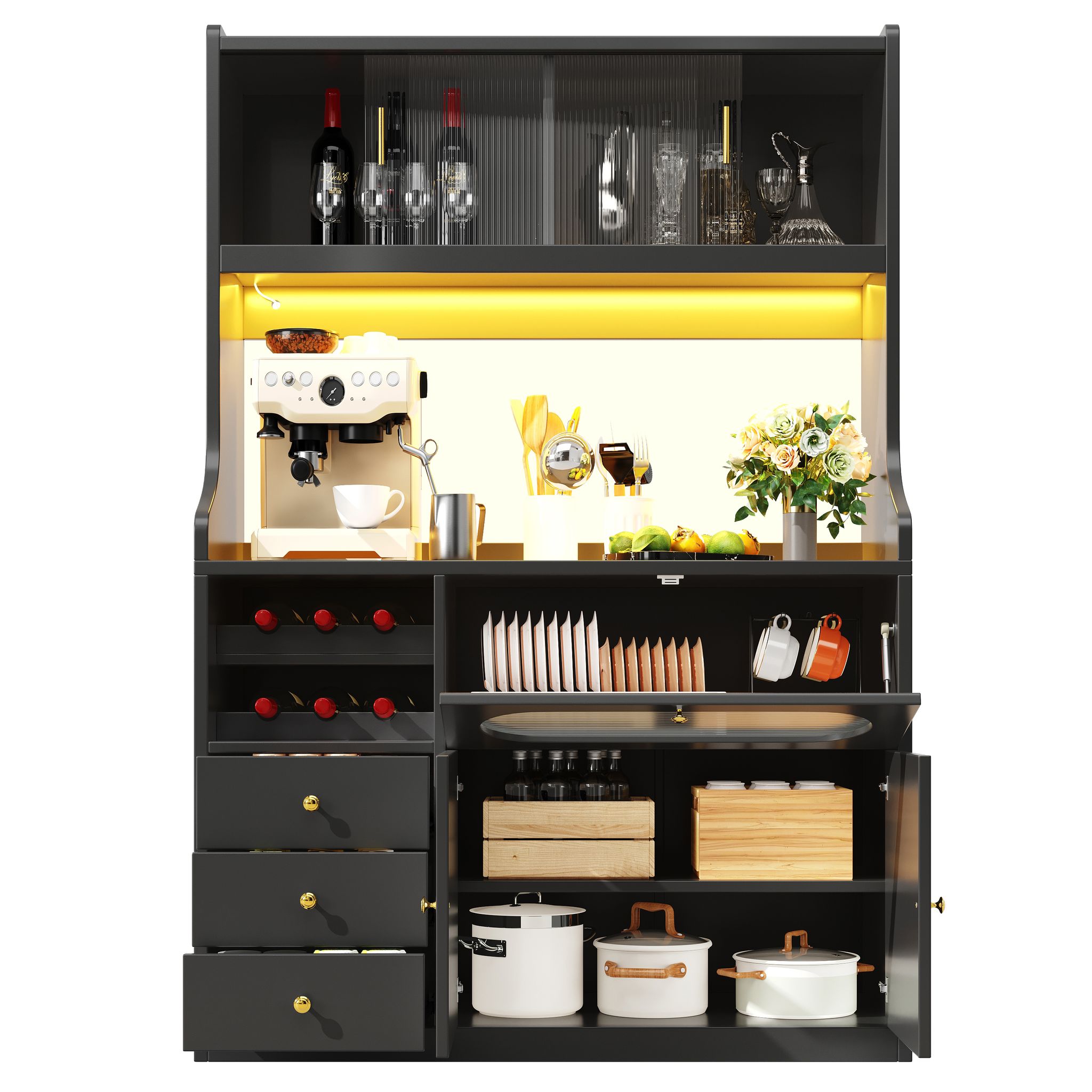 Küchenhochschrank Mit Glasschiebetüren, 3 Schubladen, Rgb-led, Verstellbaren Einlegeböden Aus Mdf Schwarz