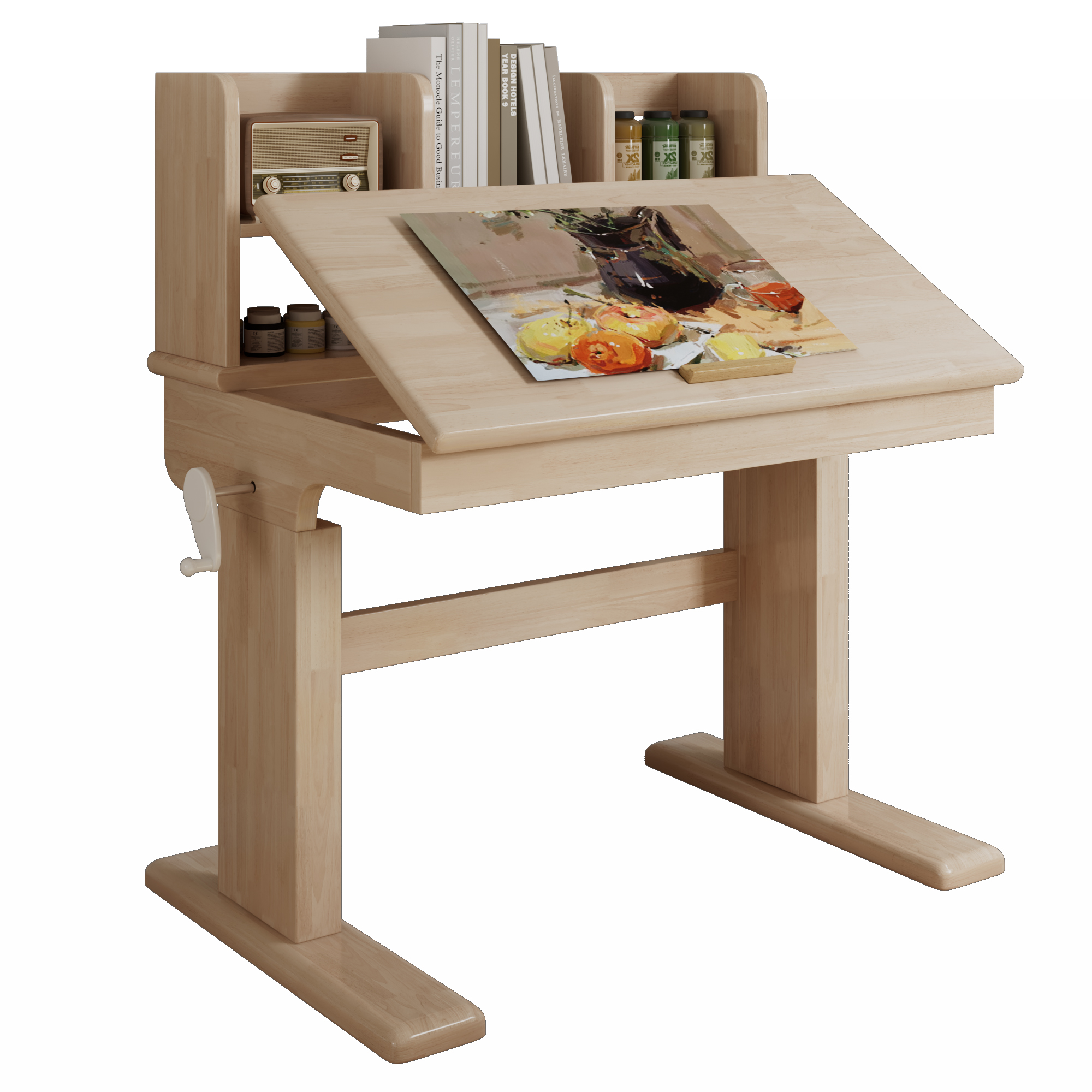 Kinderschreibtisch Höhenverstellbar Mit Neigbarer Platte Und Offenen Fächern Aus Naturholz, 92.2 X 60 X 89 Cm