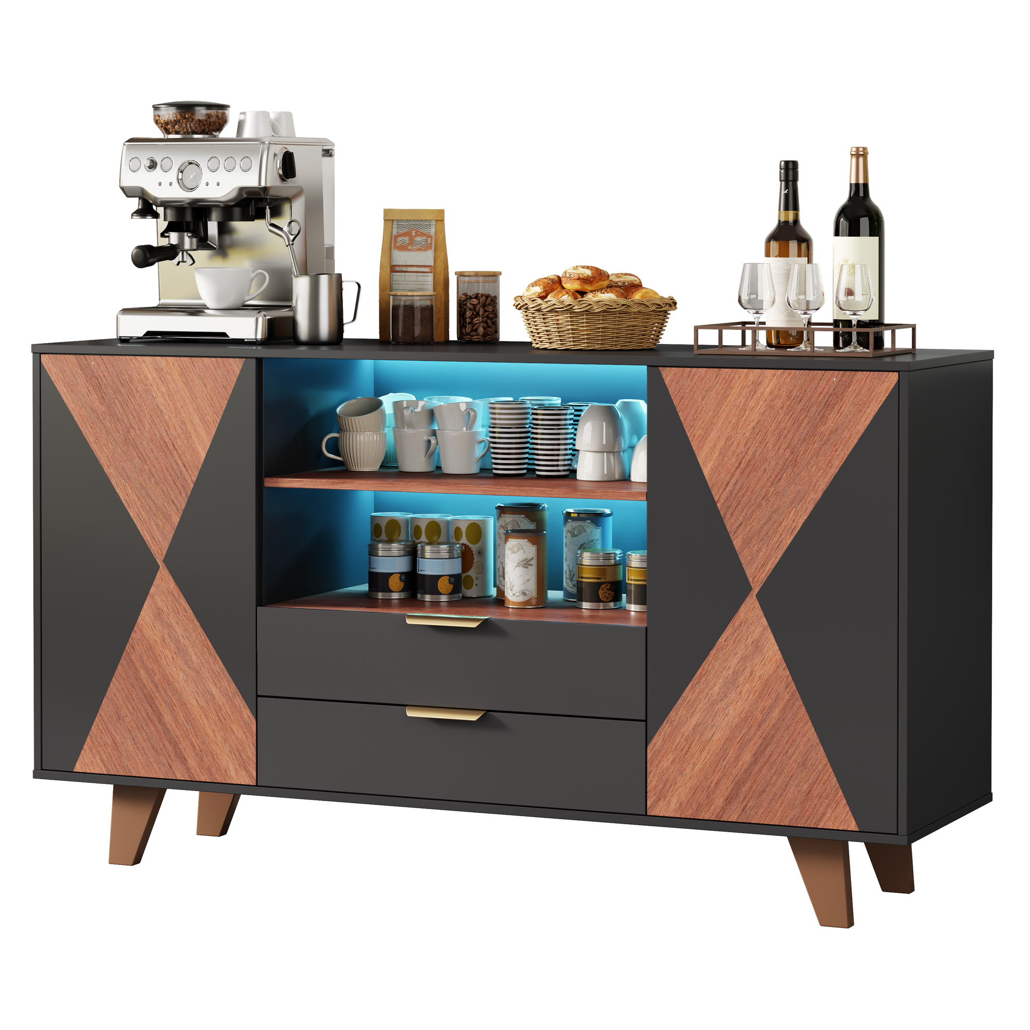 Küchensideboard Mit 2 Schubladen, Offenen Fächern, Verstellbaren Einlegeböden Und Rgb-led, Mdf, Natur Und Schwarz, 150 X 40 X 90 Cm