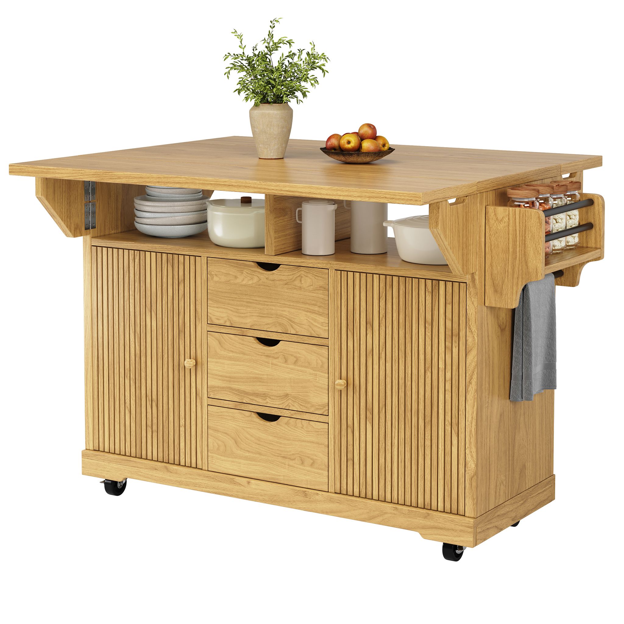 Küchenwagen Mit 3 Schubladen, Verstellbaren Einlegeböden Und Klappplatten, Für Küche Und Esszimmer, Mdf, Braun