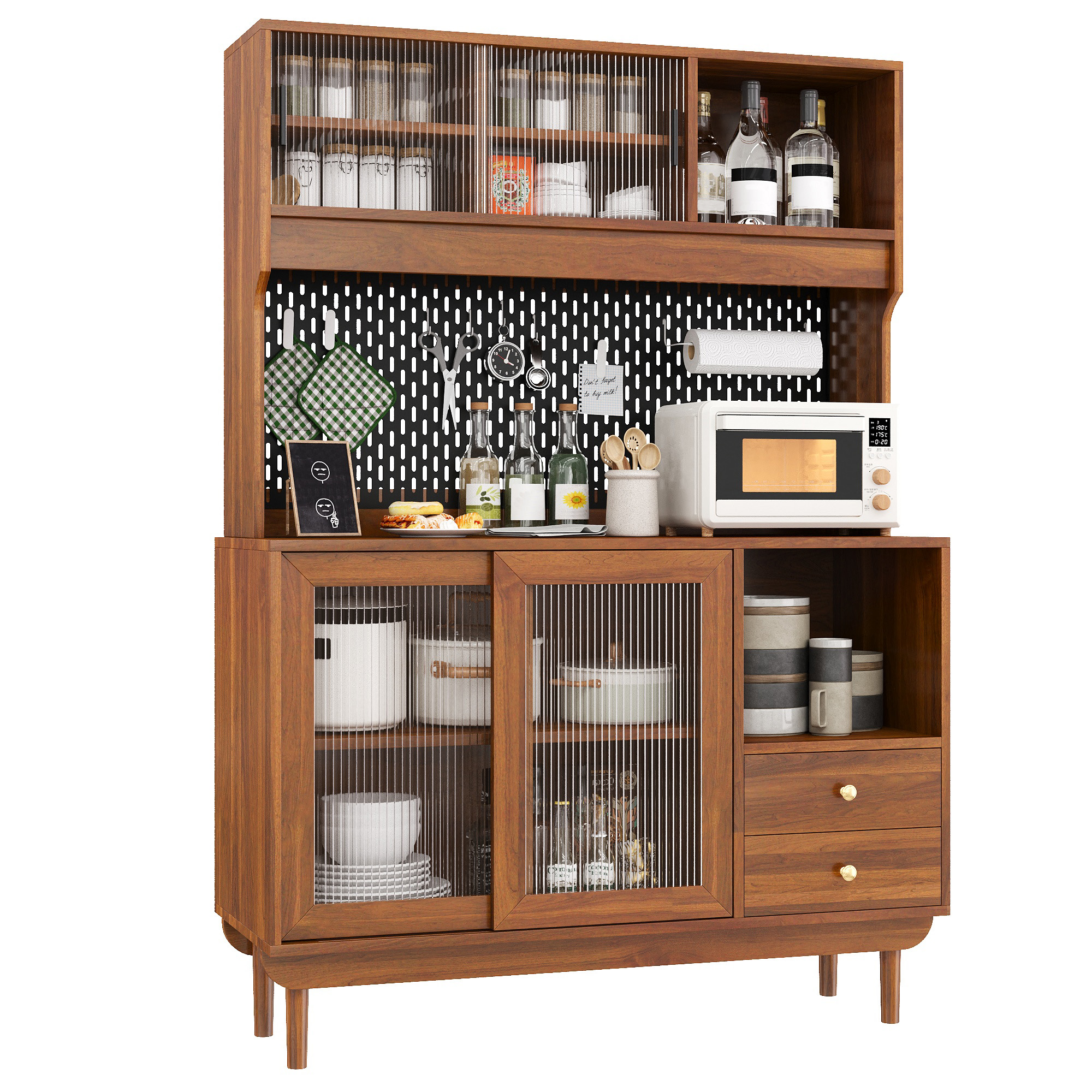 Küchenbuffet Mit 4 Schiebetüren Aus Riffelglas, 2 Schubladen Und Offenen Fächern, Mdf, Walnuss, 117 X 30 X 170 Cm