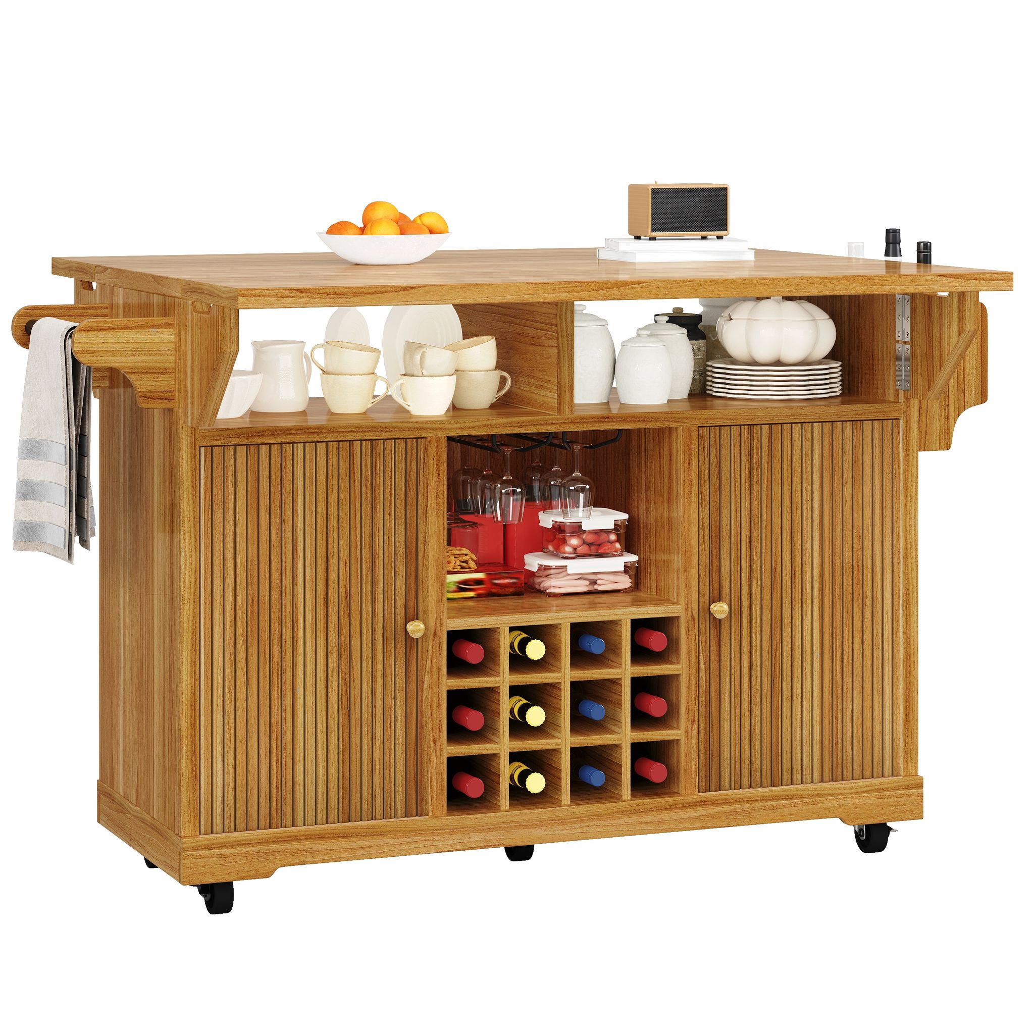 Küchenrollwagen Mit Beidseitig Klappbaren Ablagen, Verstellbaren Böden Und Flaschenhalter Aus Mdf, Dunkelbraun