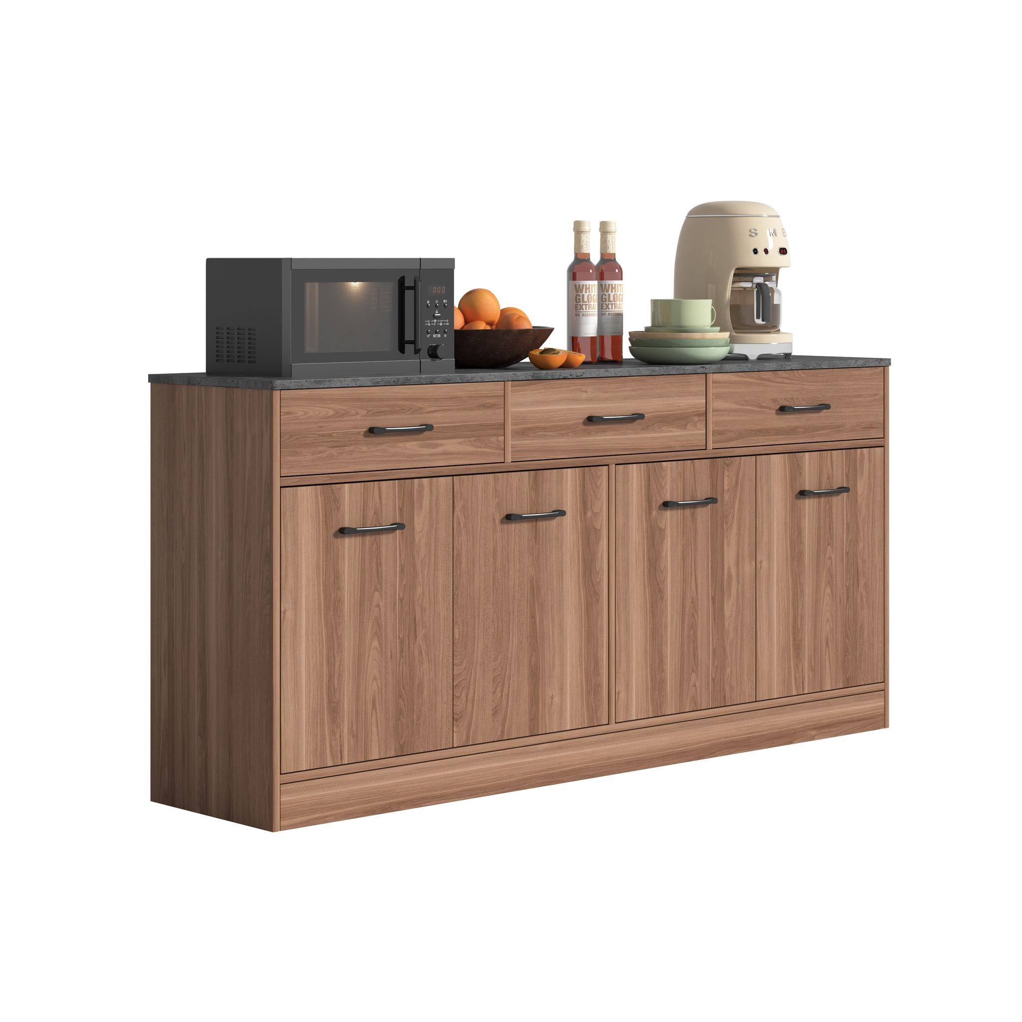 Küchenbuffet Mit 3 Schubladen, 2 Fächern, Verstellbaren Böden Und Betonoptik, Mdf Walnuss, 160 X 37 X 76.5 Cm