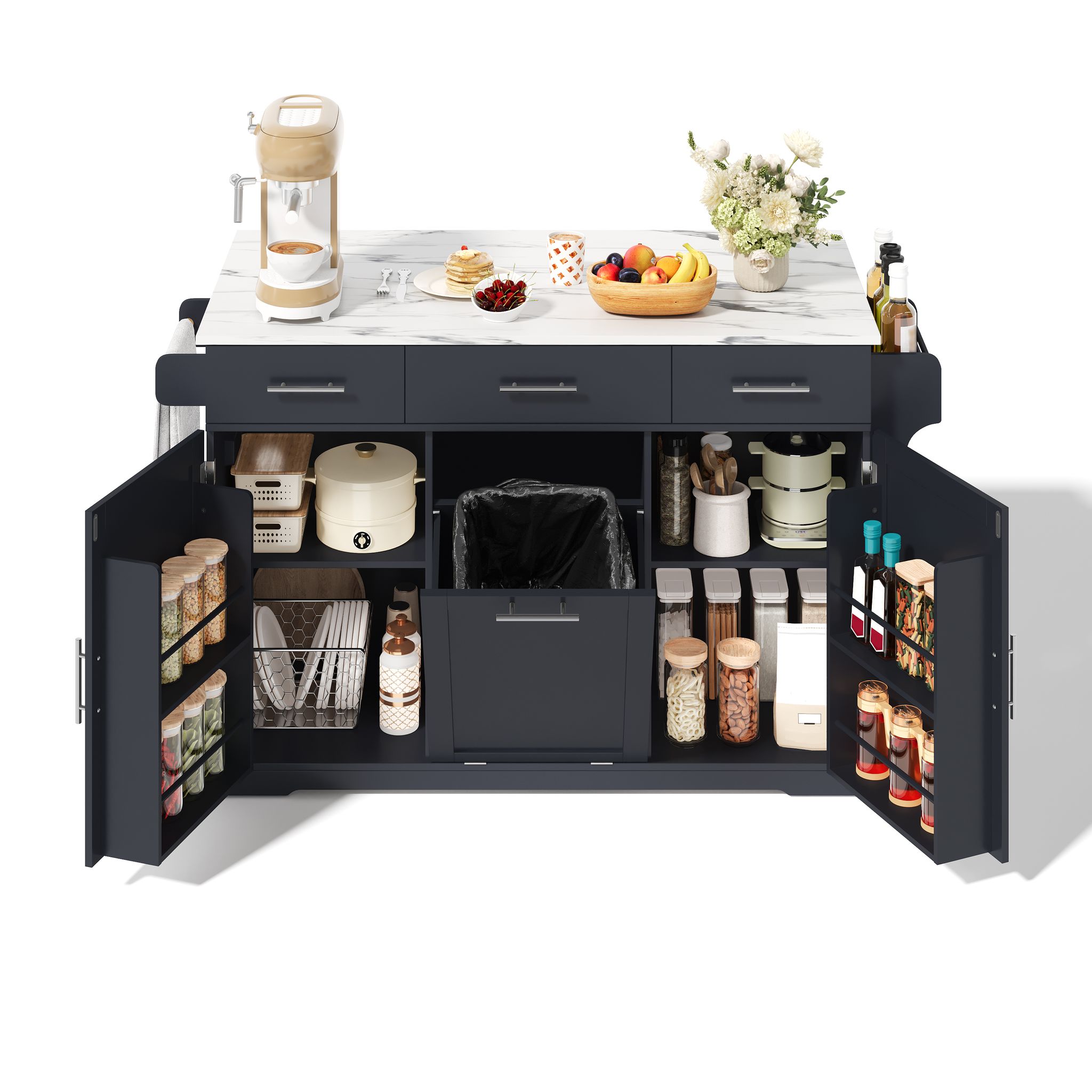 Mobiler Küchenwagen Mit 3 Schubladen, Müllschrank, Steckdosen Und Usb, Mdf, Grau, 136 X 75 X 92 Cm