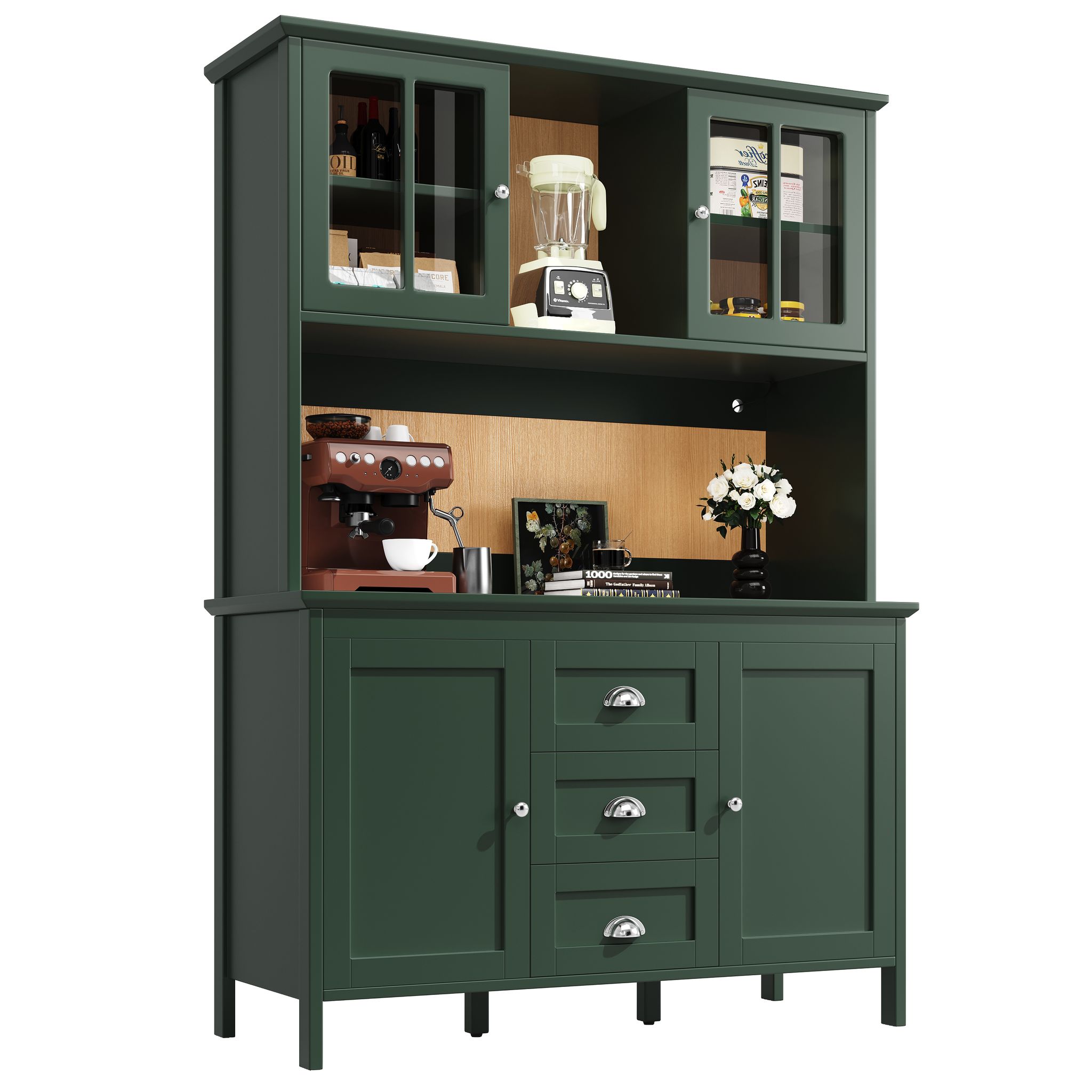 Hoher Küchenschrank Mit Glastüren, Schubladen, Verstellbaren Einlegeböden Und Led Für Küche Aus Mdf Grün 120 X 40 X 179 Cm