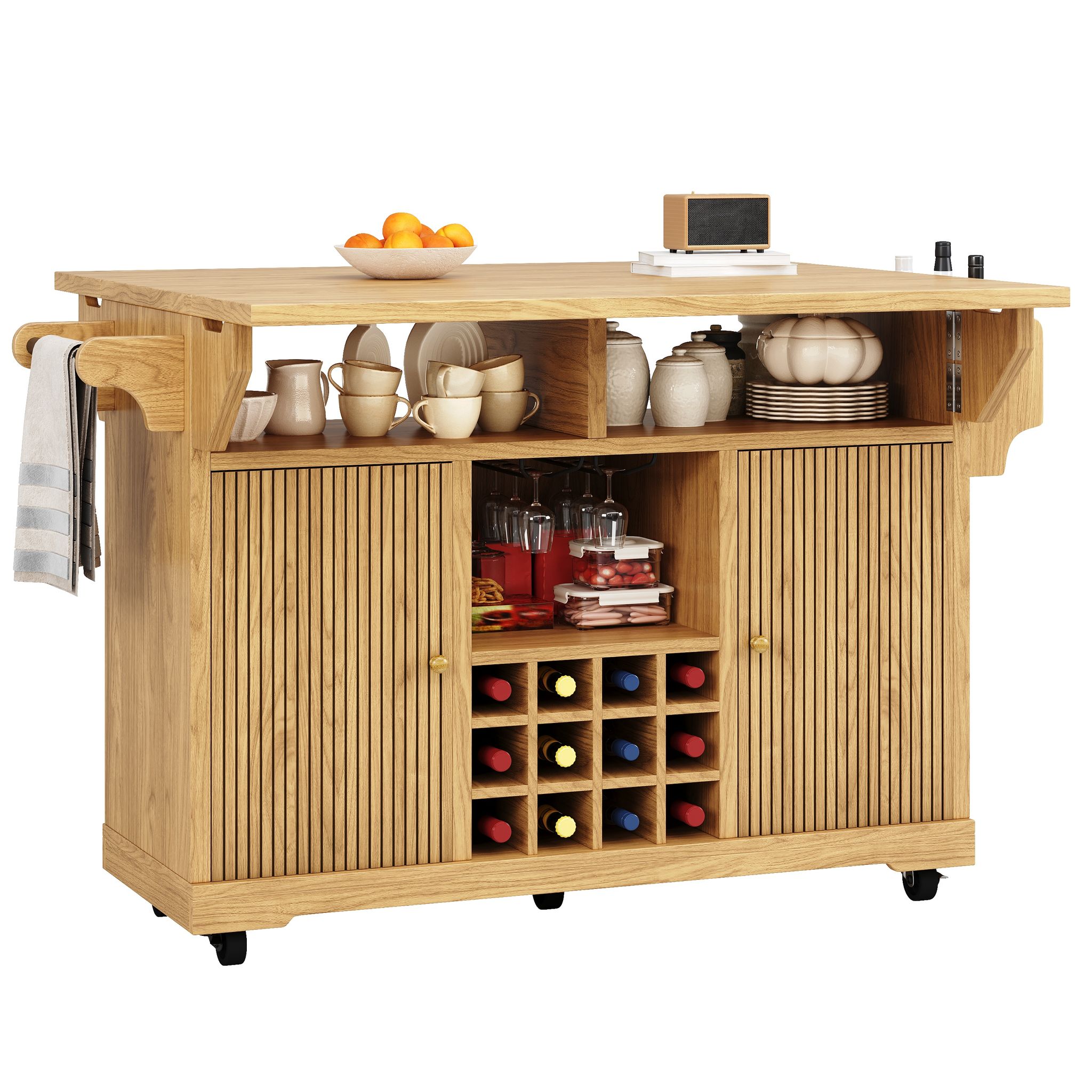 Küchenrollwagen Mit Klappflächen, Verstellbaren Böden Und Herausnehmbarem Flaschenhalter Mit Rollen, Mdf Naturholz