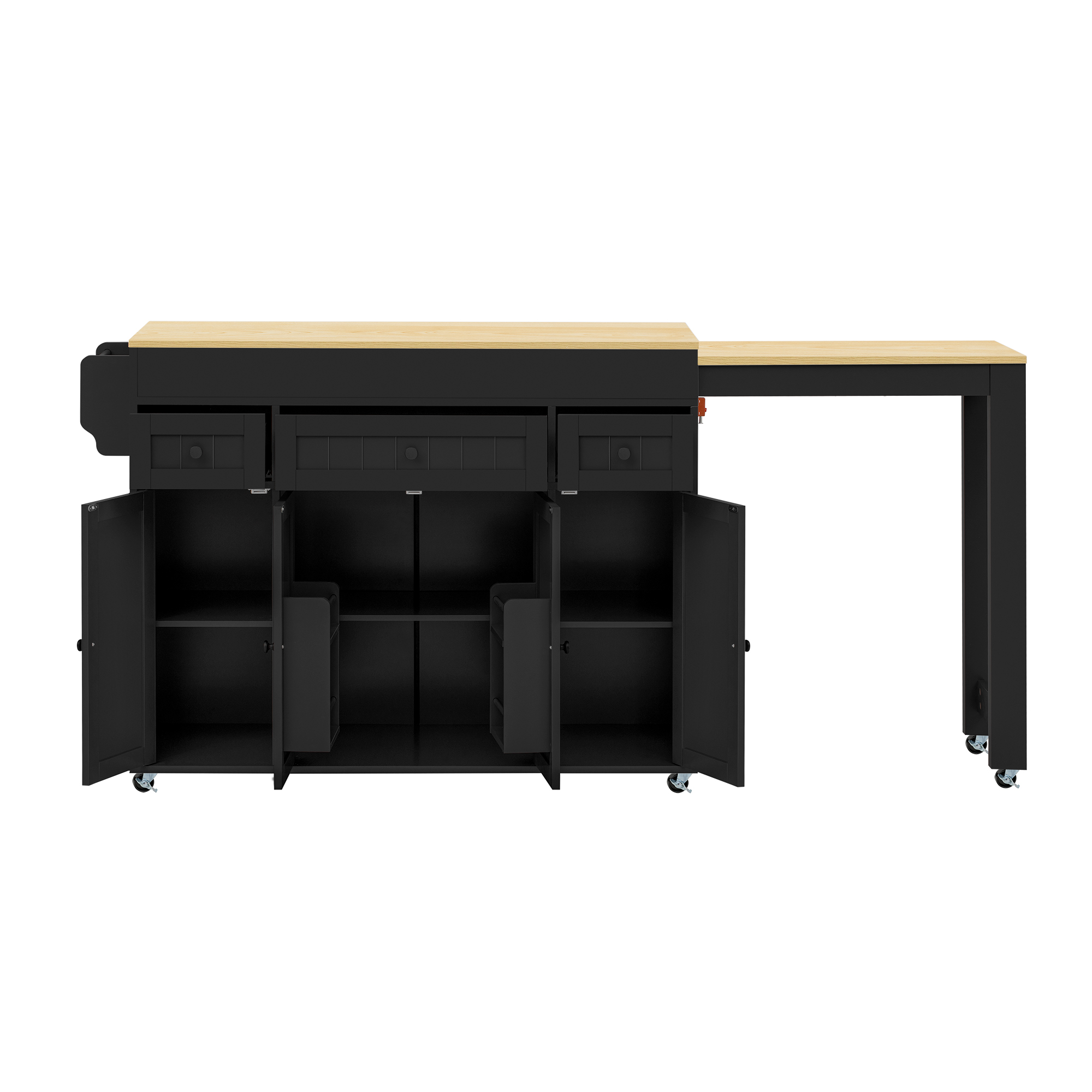 Kücheninsel Mit 3 Schubladen, Verstellbaren Einlegeböden, Ausziehbarer Arbeitsplatte Und Rollen Aus Mdf, Schwarz Natur