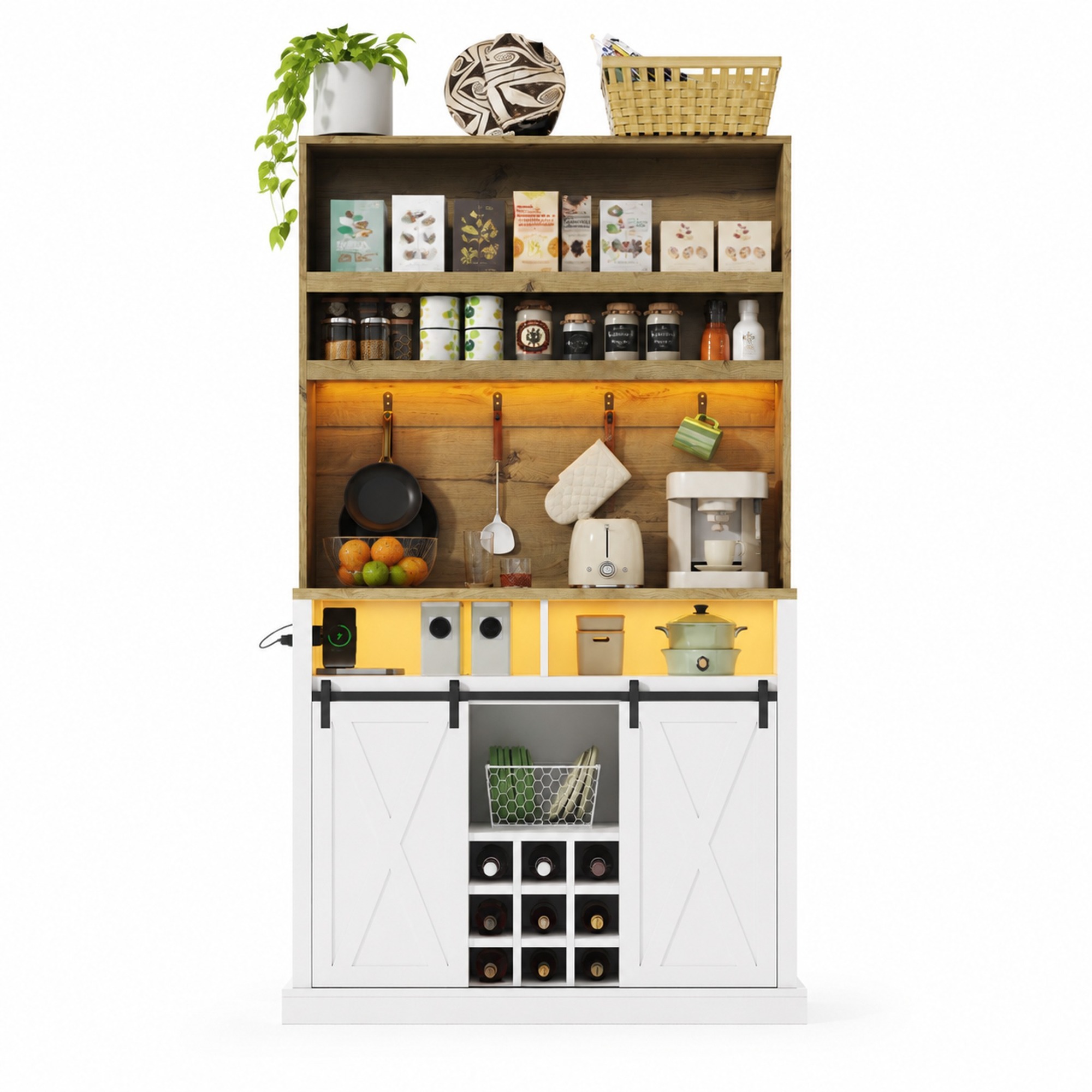 Küchenhochschrank Mit Schiebetüren, Regalen, Rgb-led Und Steckdosen Für Küche Aus Mdf Natur Und Weiß