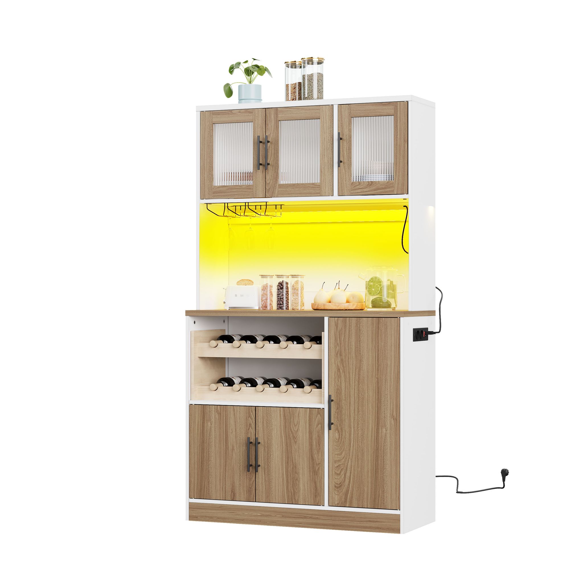 Küchenschrank Mit Verstellbaren Böden, Rgb Led, Steckdosen Und Glashalter, Mdf, Weiß Natur, 100 X 40 X 180 Cm