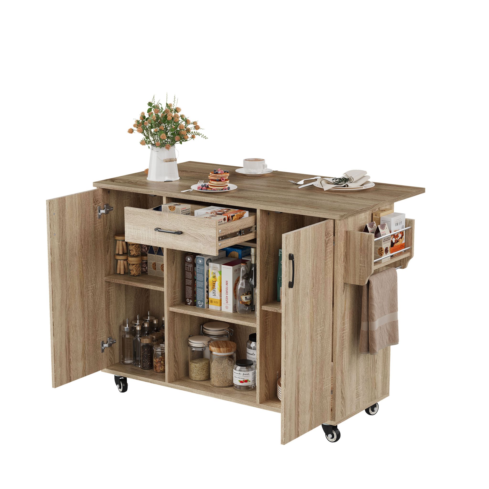Küchenwagen Mit Klappbarer Arbeitsplatte, 1 Schublade, 2 Schränken, Regalen Und Rollen, Aus Mdf, Natur