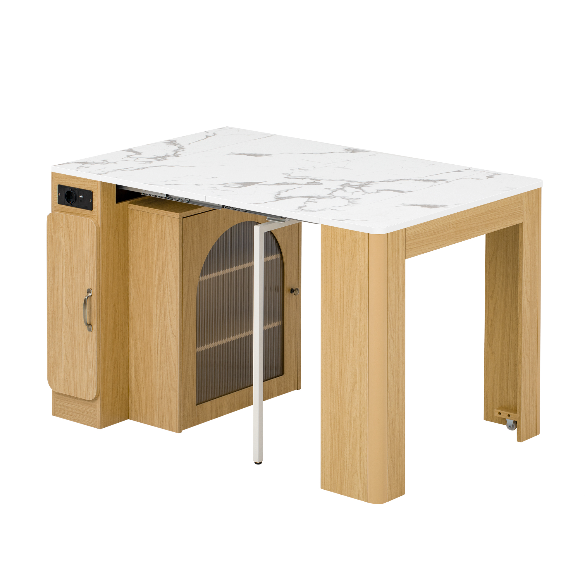 Ausziehbare Kücheninsel Mit 3 Tischplatten, Led Und Usb-anschlüssen, Stauraum, Für Küche Und Esszimmer, Natur