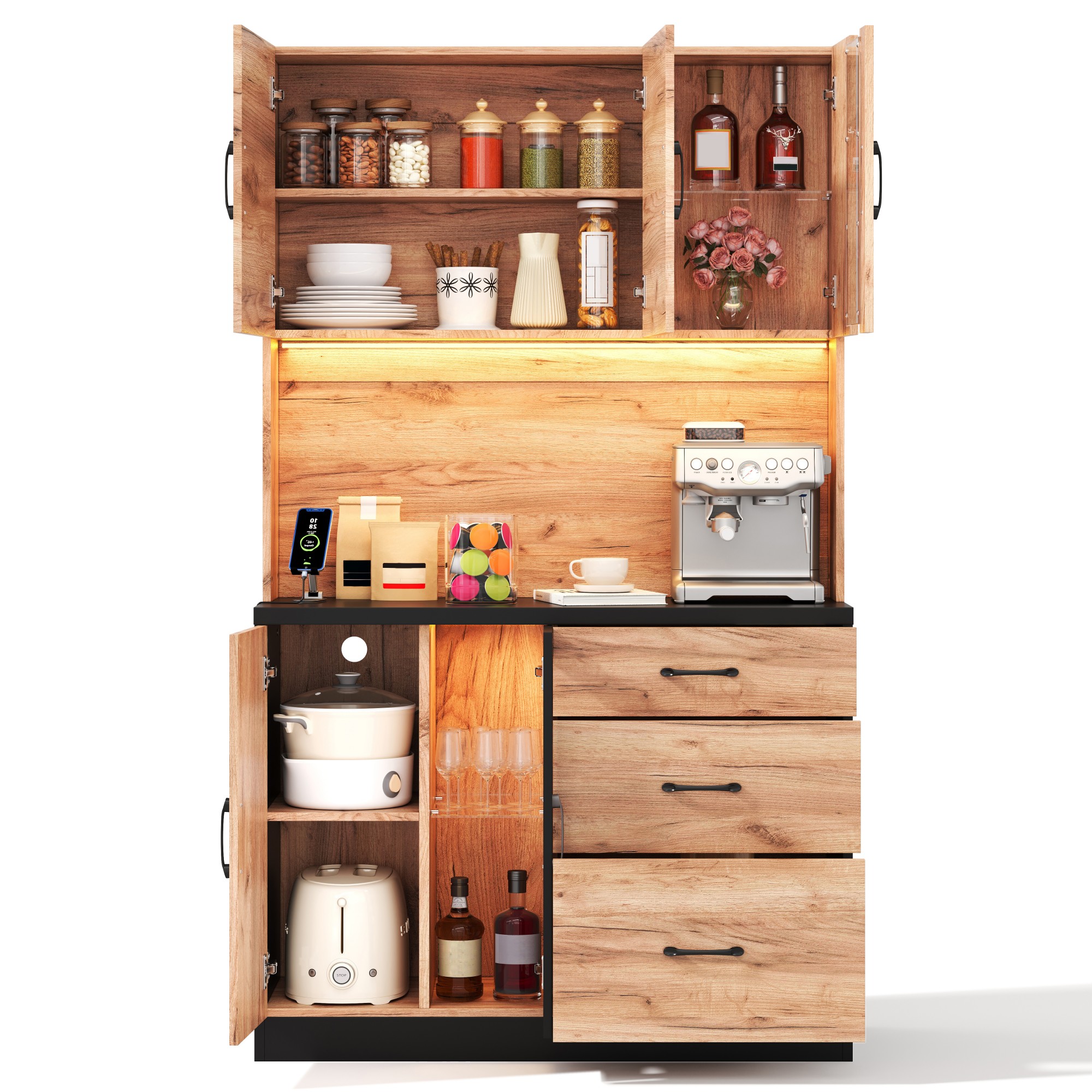 Küchenhochschrank Mit 3 Schubladen Und 4 Fächern, Einstellbaren Led Und Usb-steckdosen, Mdf, Neutral, 105 X 40 X 180 Cm