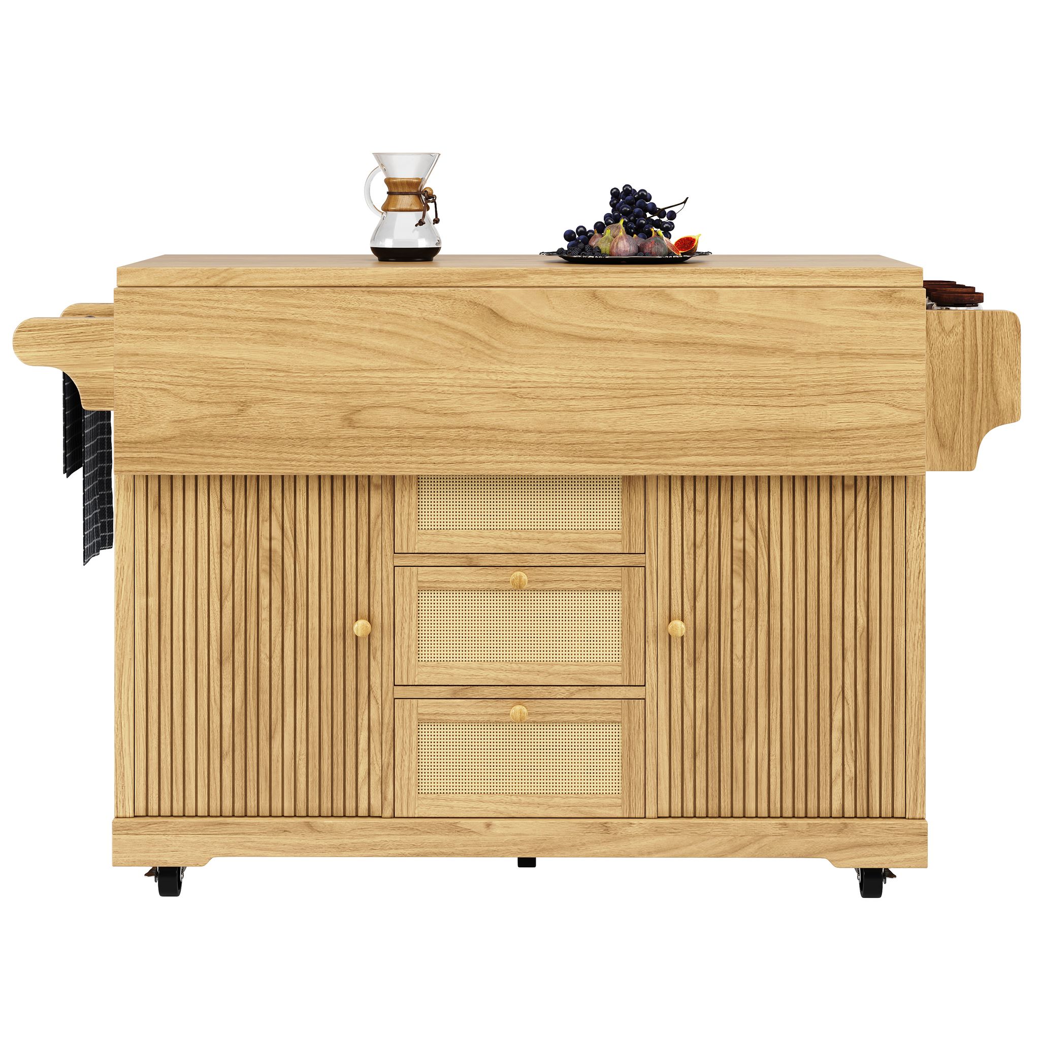 Küchenwagen Mit 2 Klappbaren Tischplatten, Pe-rattan-schubladen Und Handtuchhalter, Aus Mdf, Naturholz