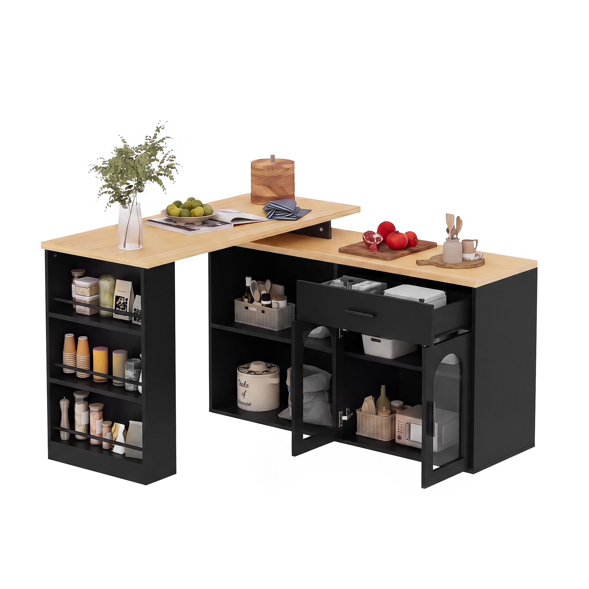 Kücheninsel Mit 360 Grad Drehplatte, Schublade, Offenen Regalen Und Glasschrank, Mdf, 136 X 50 X 78 Cm, Schwarz Natur