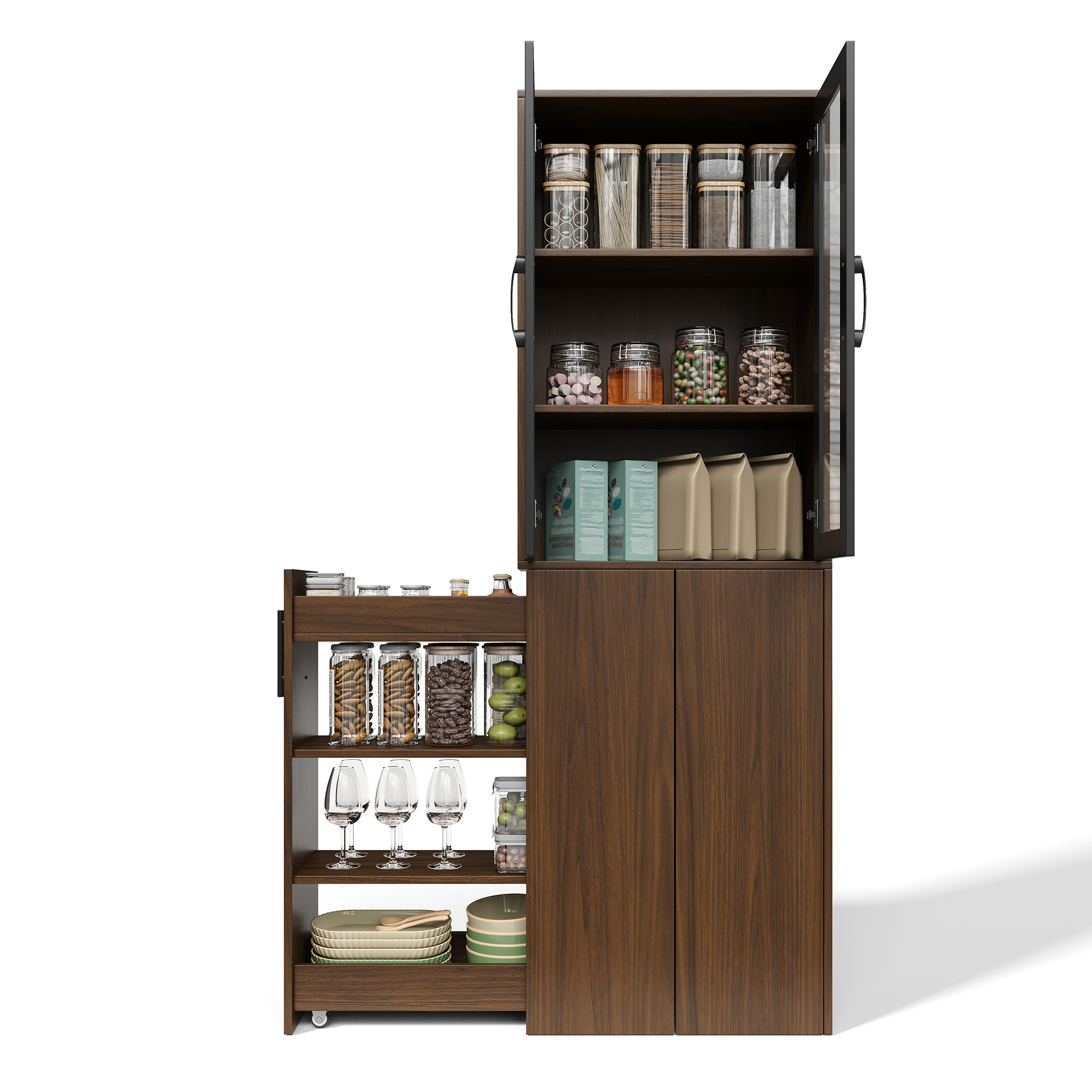 Küchenhochschrank Mit 2 Glastüren Und Ausziehwagen Mit 4 Ablagen, Mdf, 60 X 30 X 180 Cm, Schwarz Natur