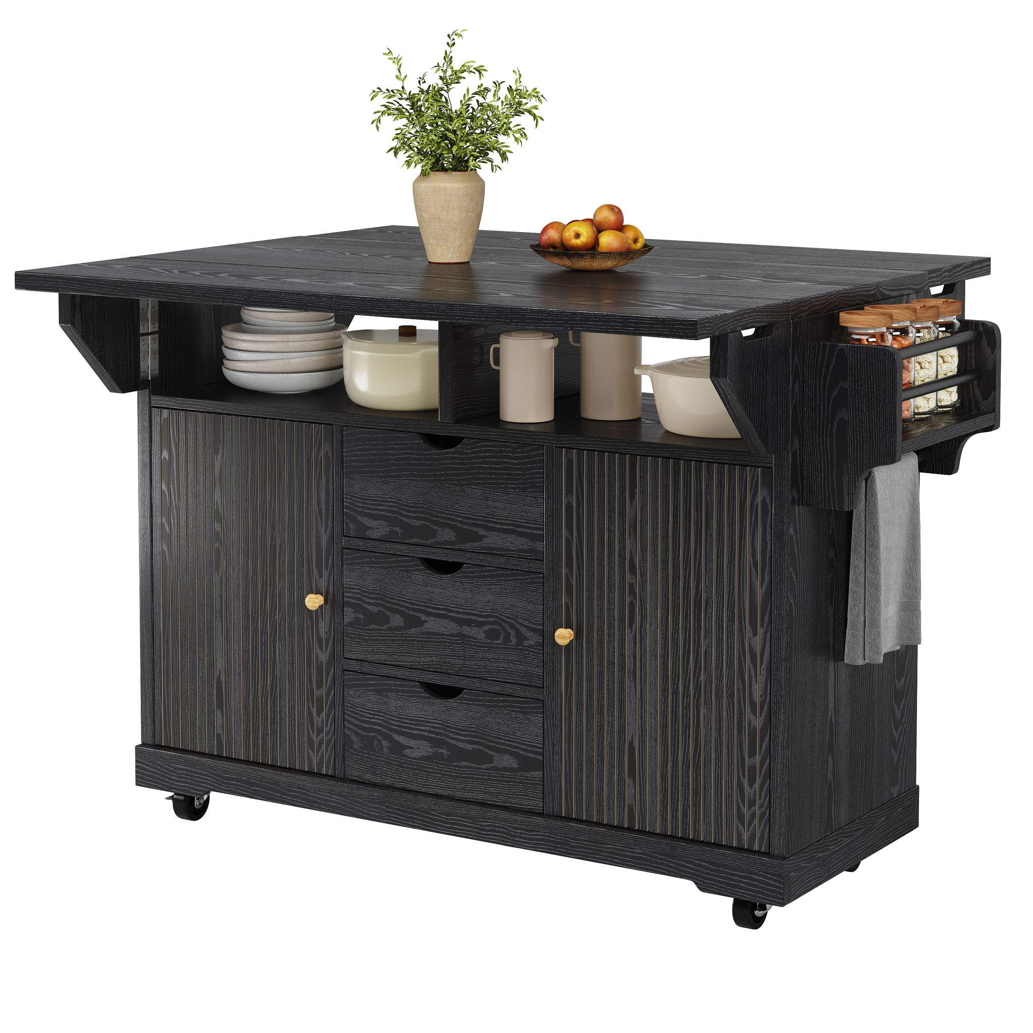 Küchenwagen Mit 3 Schubladen Und Klappplatten, Rollen Mit Bremsen, Aus Mdf Schwarz, 142.5 X 80 X 95 Cm
